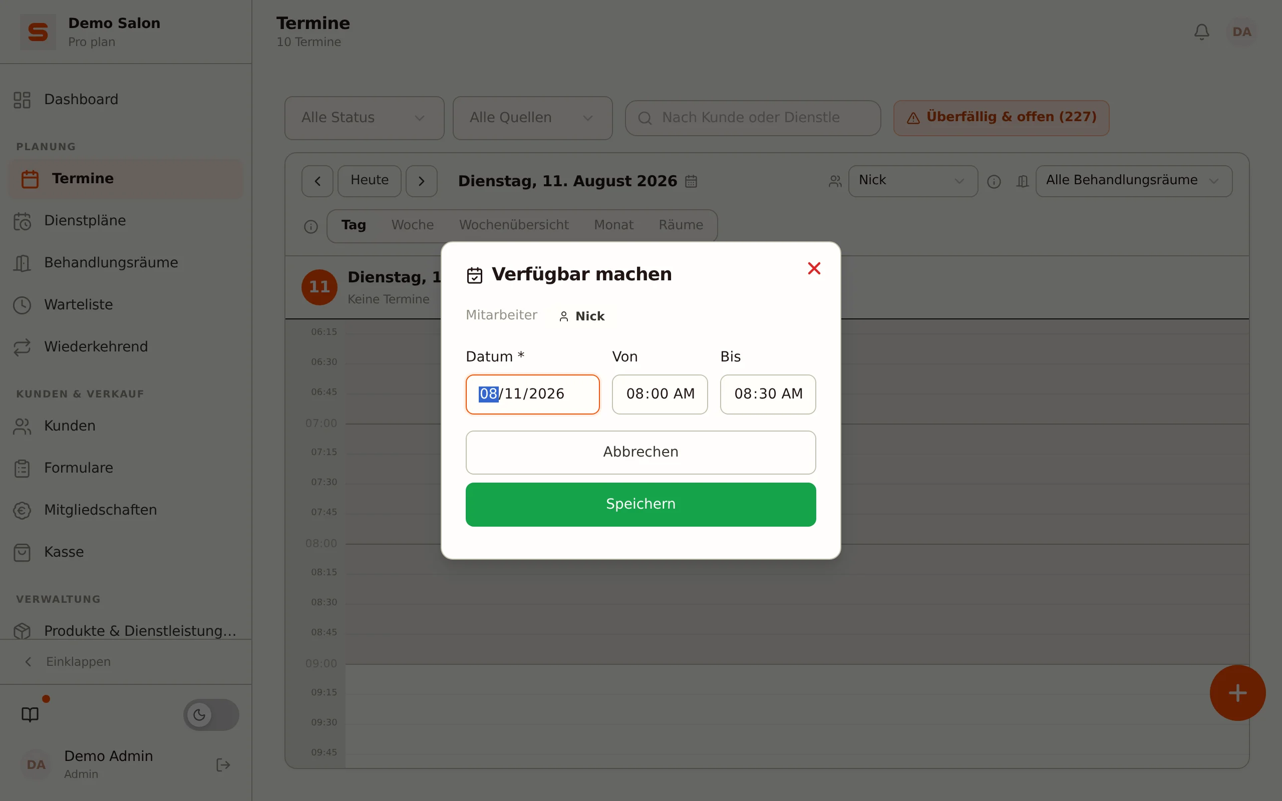 Verfügbar machen mit vorausgefüllter Start- und Endzeit