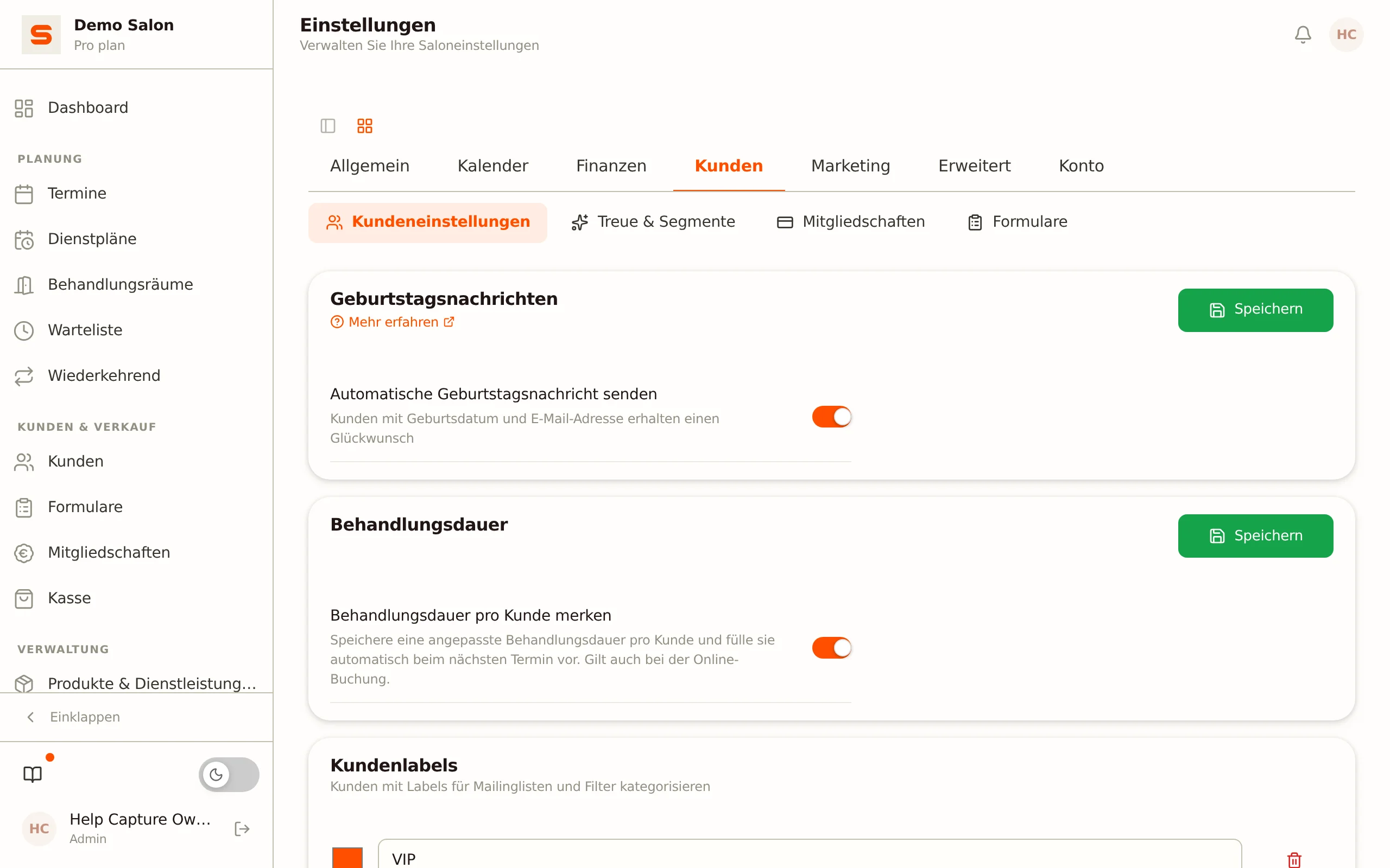 Screenshot der Kundeneinstellungen