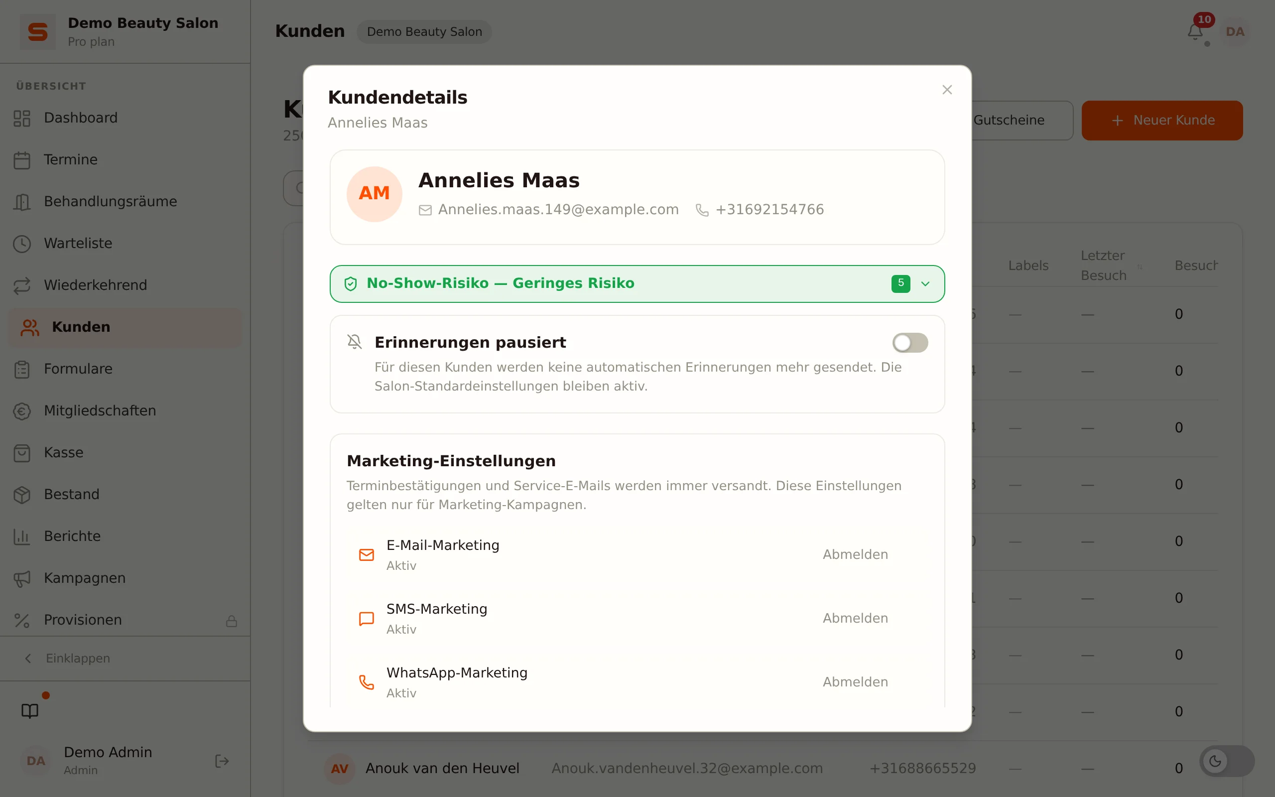Screenshot des Farbformel-Bereichs auf der Kundenkarte