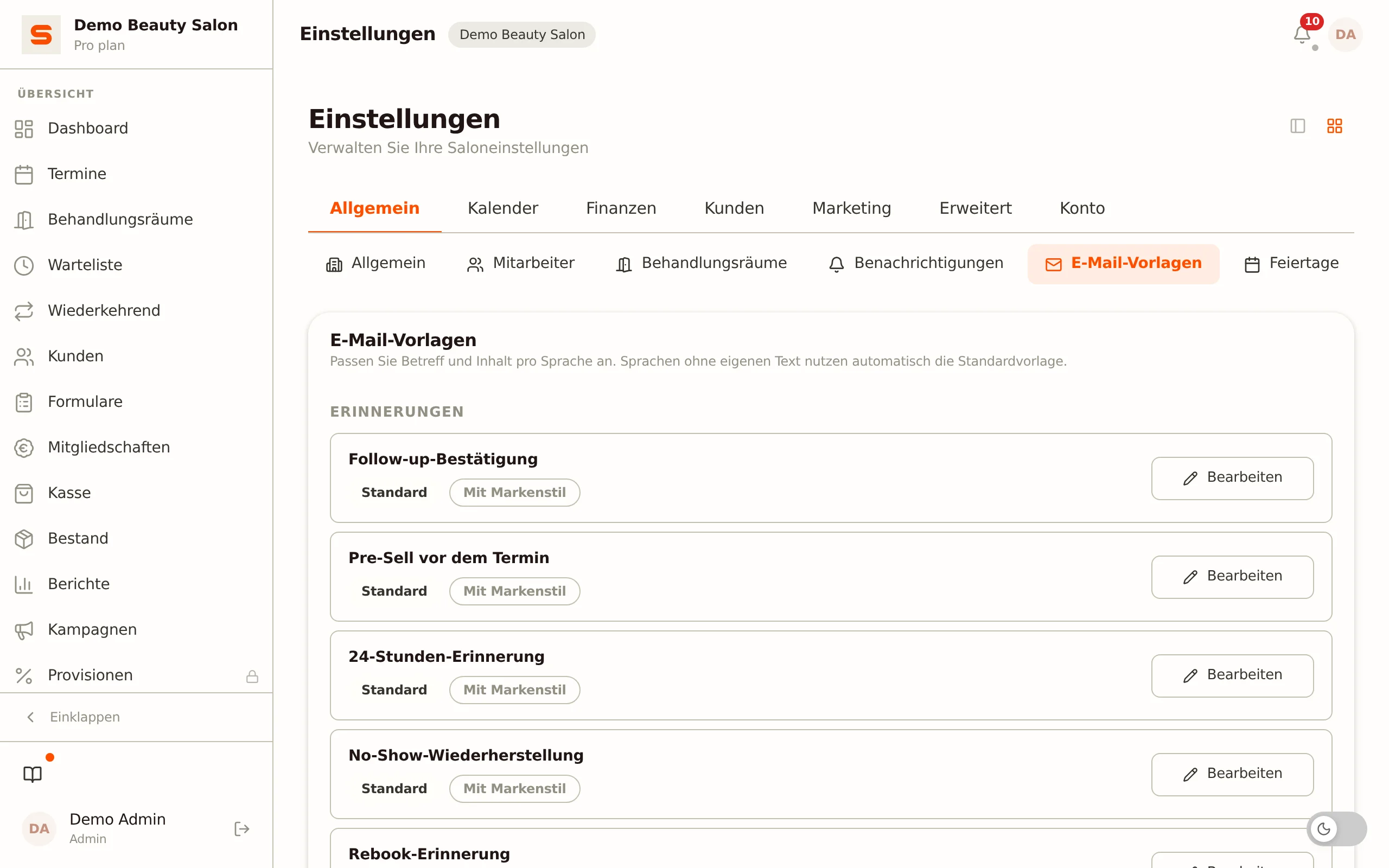 Screenshot der E-Mail-Vorlagen