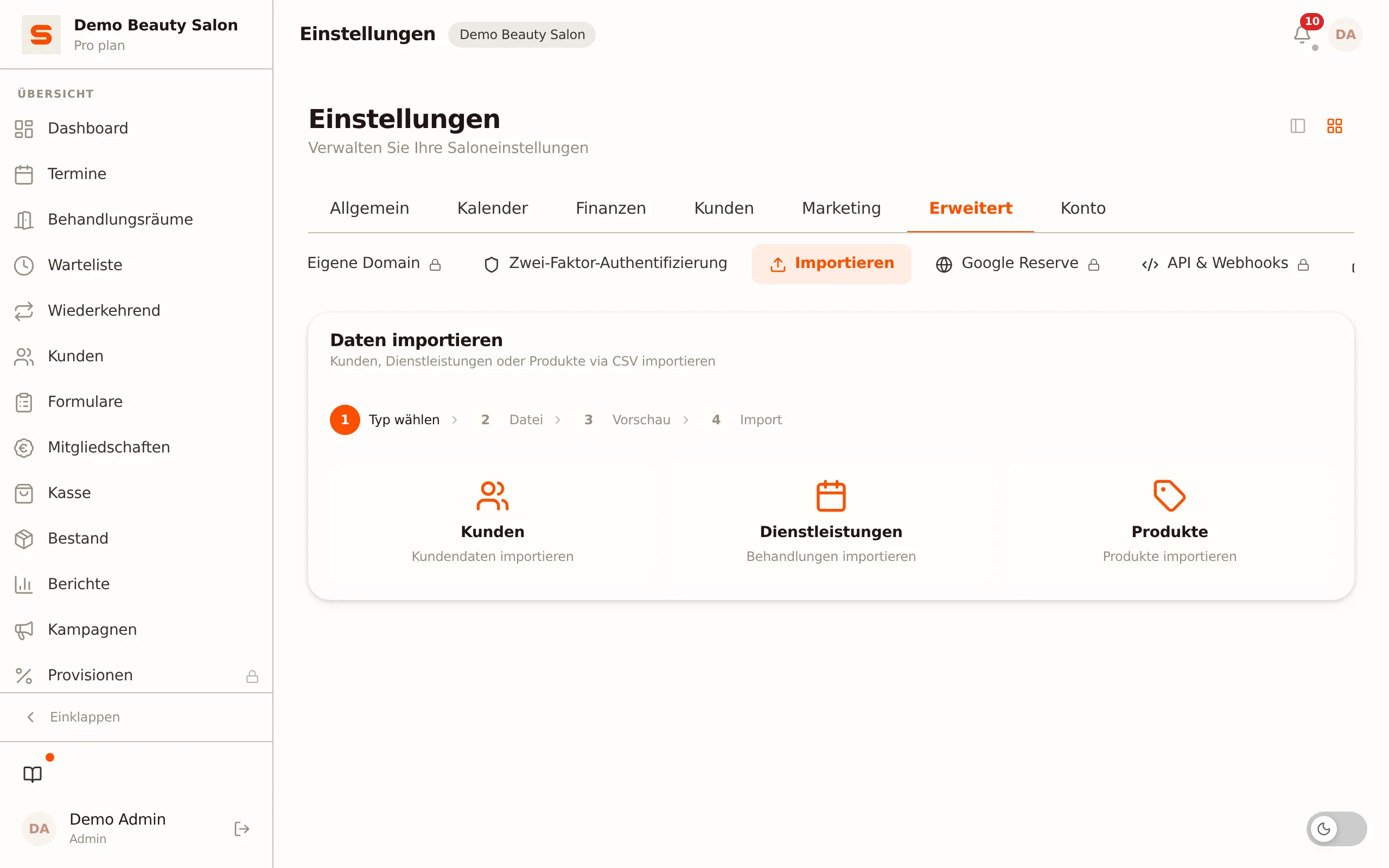 Screenshot von Daten importieren