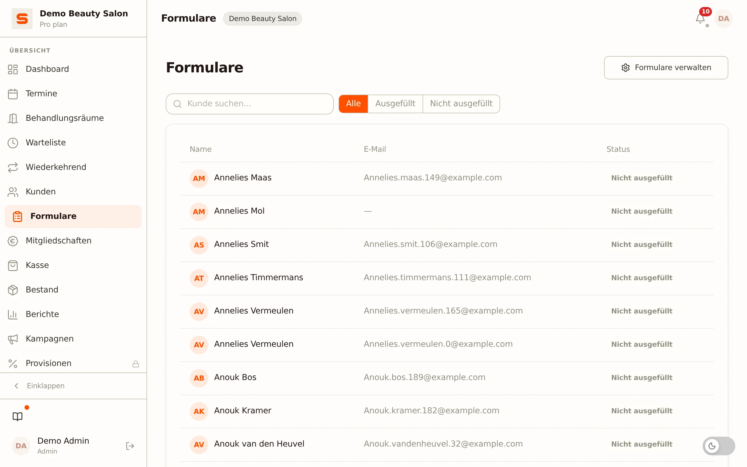 Screenshot der Formulare-Seite