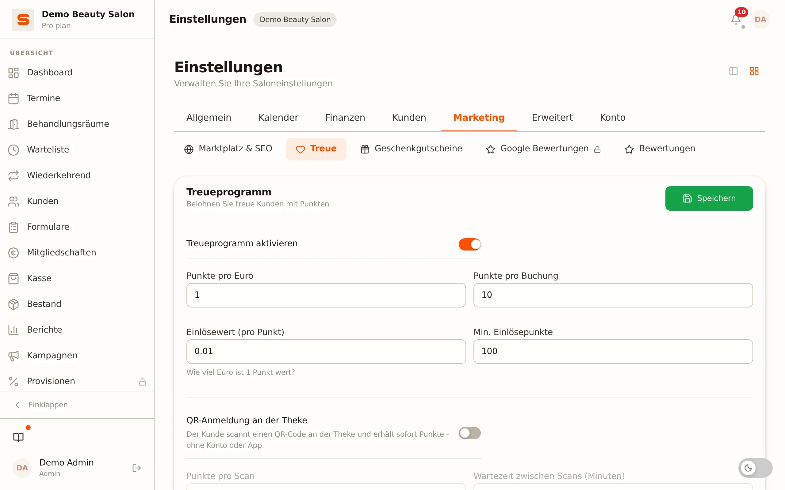 Screenshot des Treueprogramms