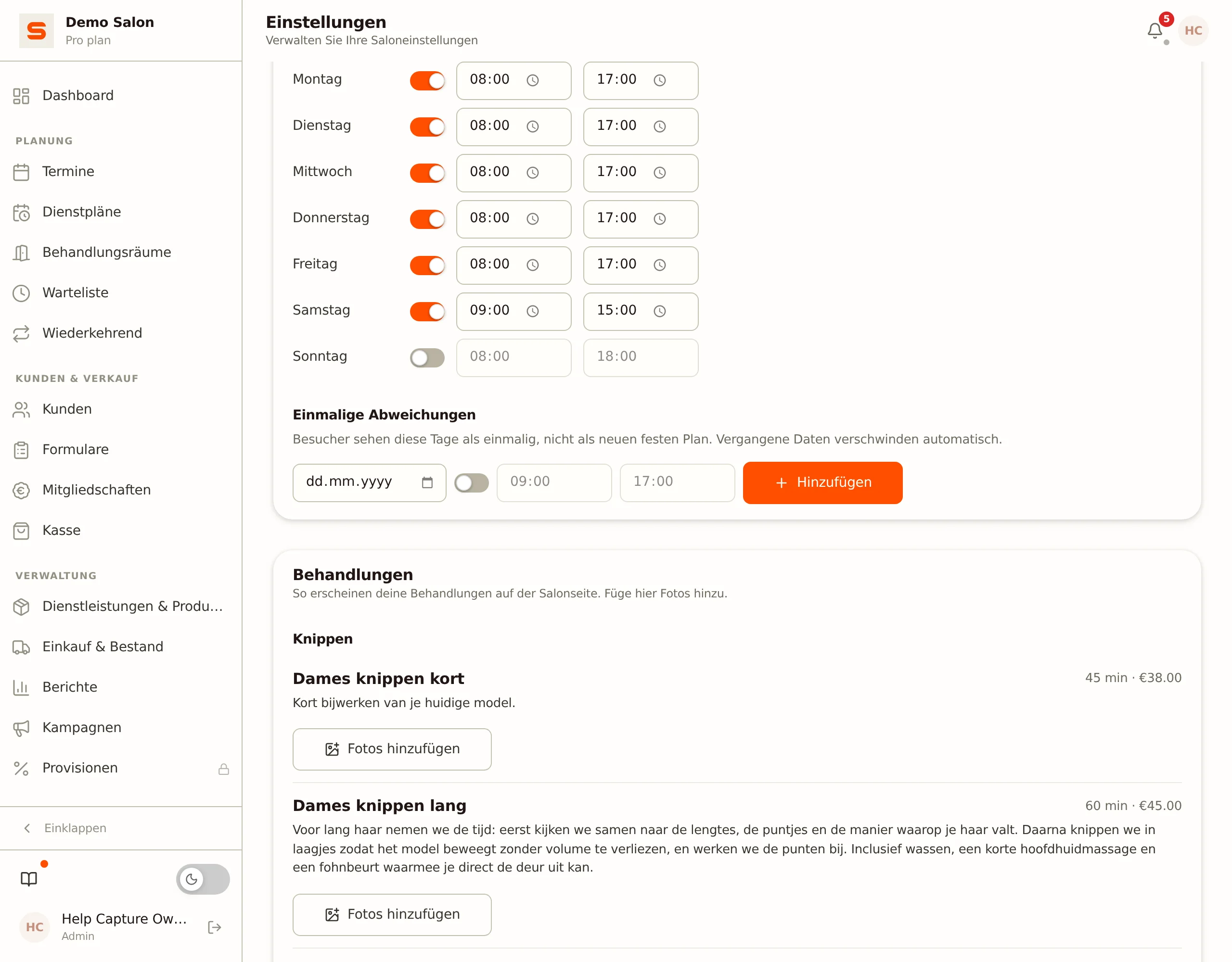 Der Bereich Öffnungszeiten mit einmaligen Abweichungen