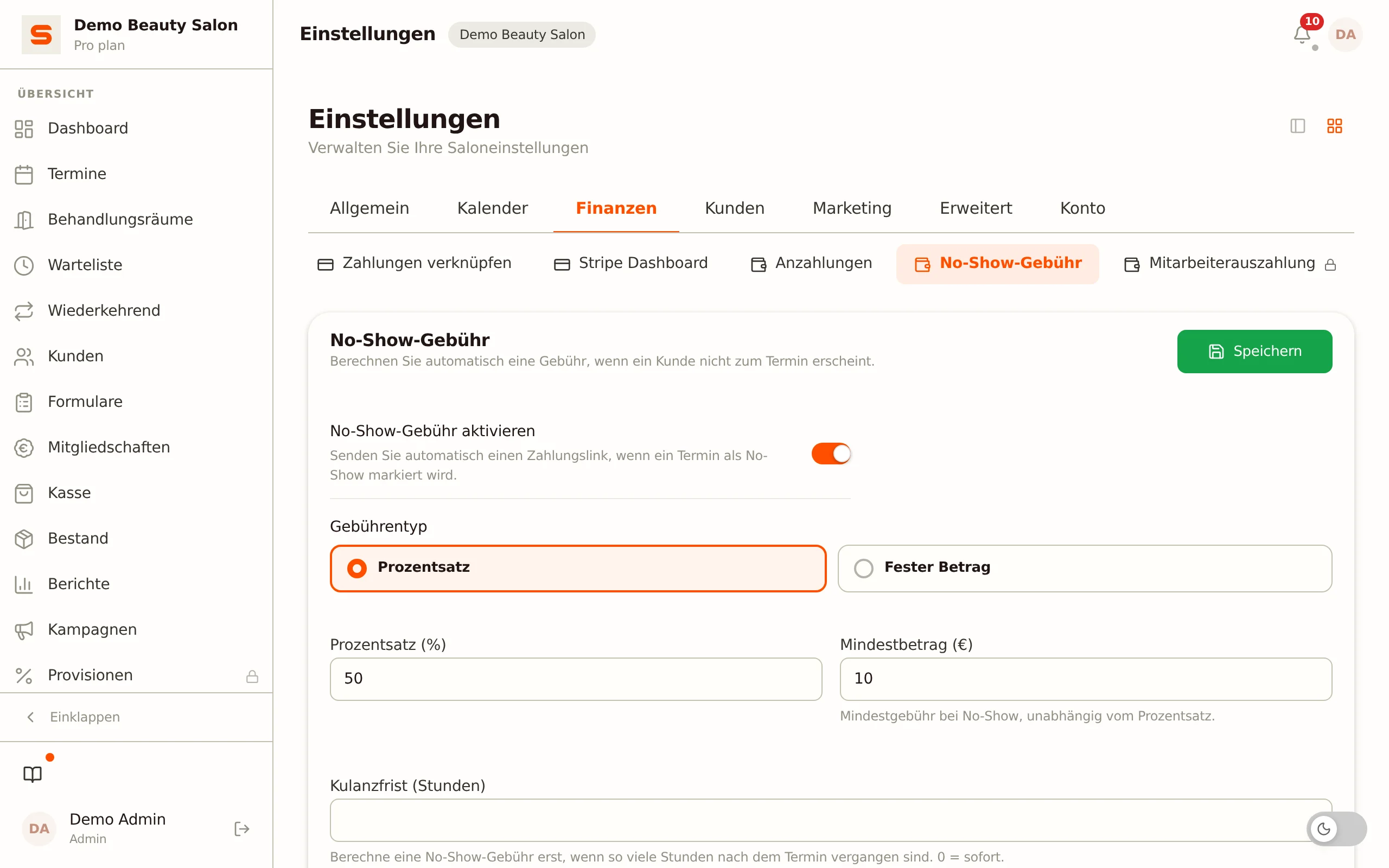 Screenshot der No-Show-Gebühr-Einstellungen