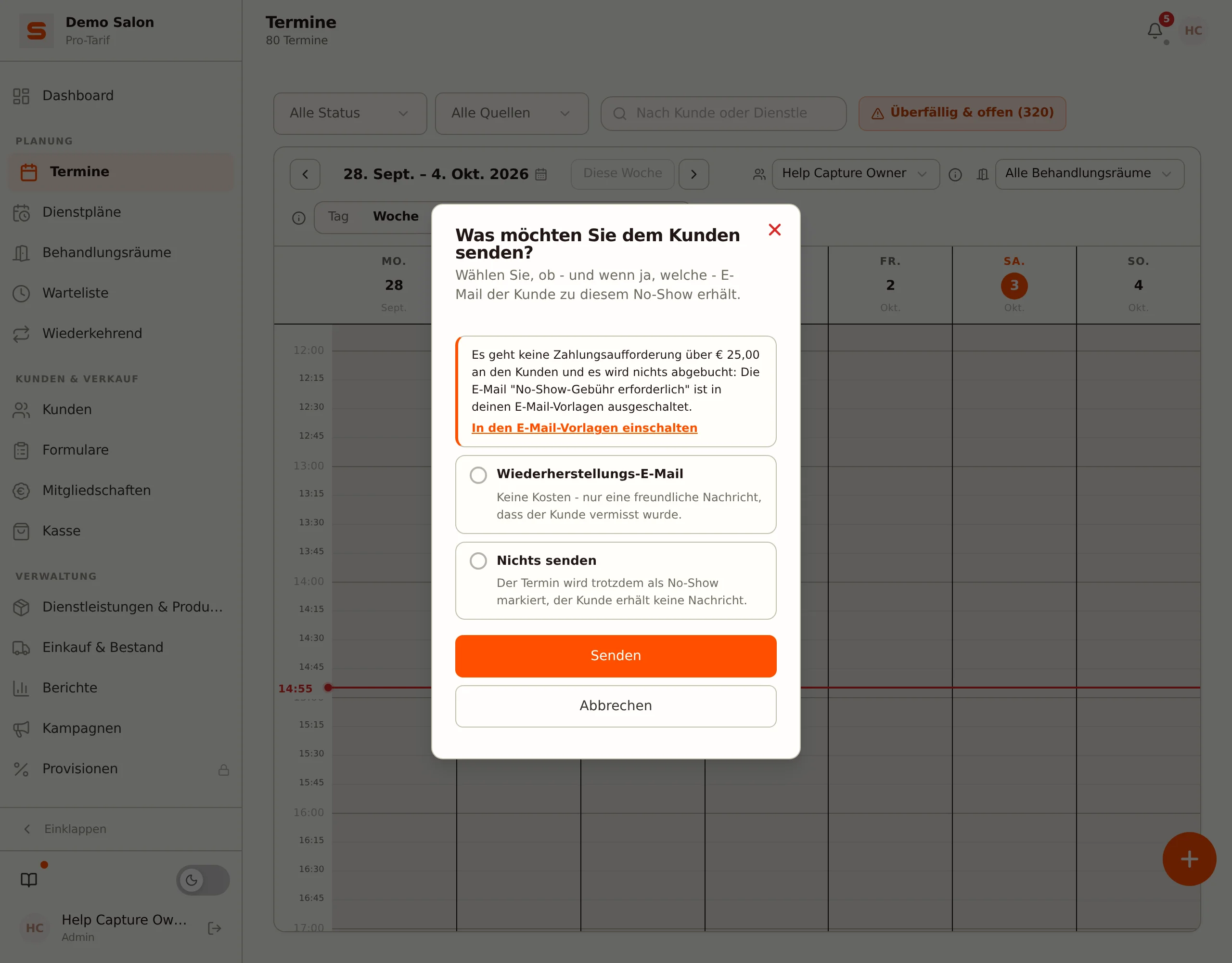 Screenshot der No-Show-Auswahl mit dem Hinweis, dass keine Zahlungsaufforderung gesendet wird