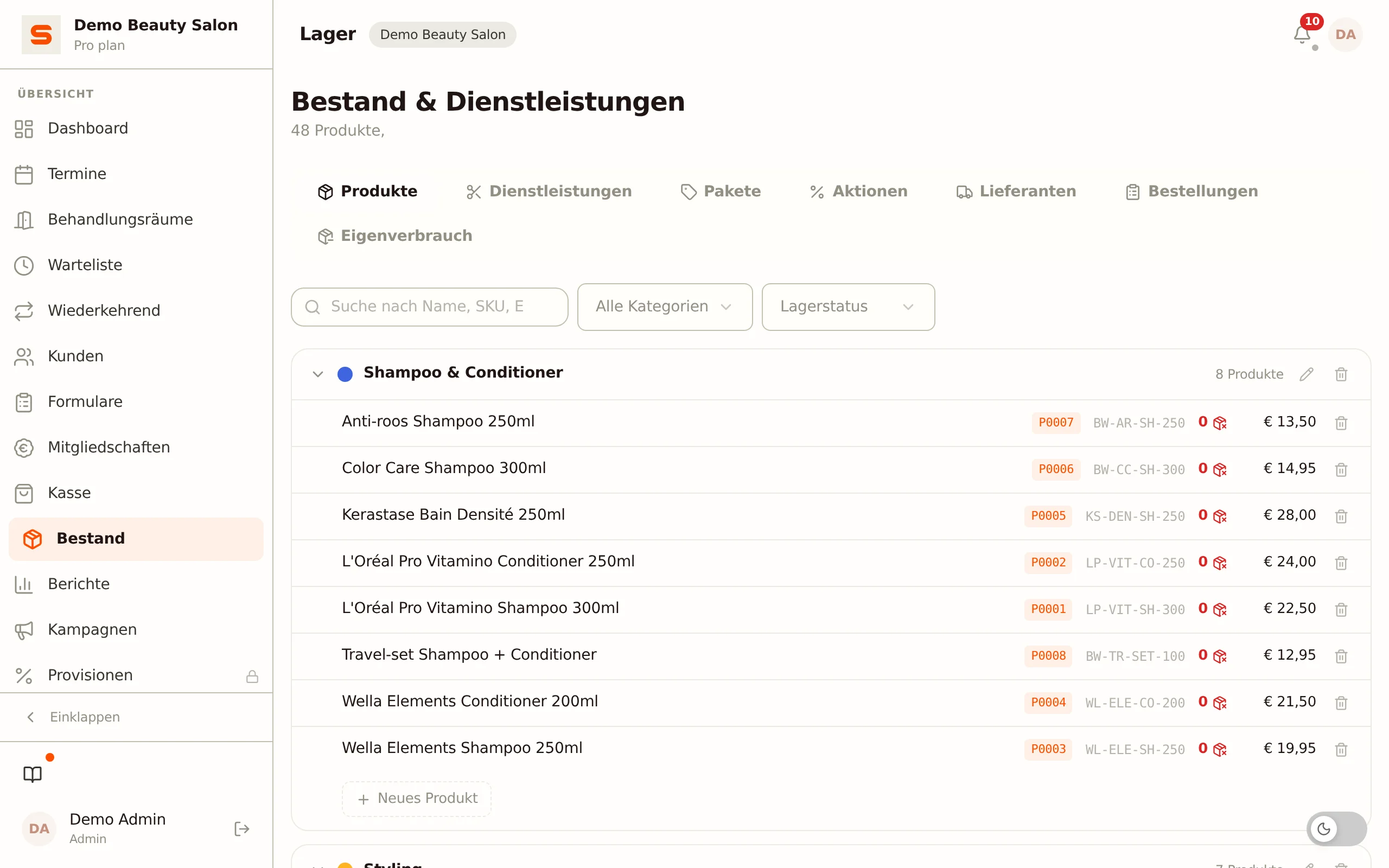 Screenshot der Behandlungspakete