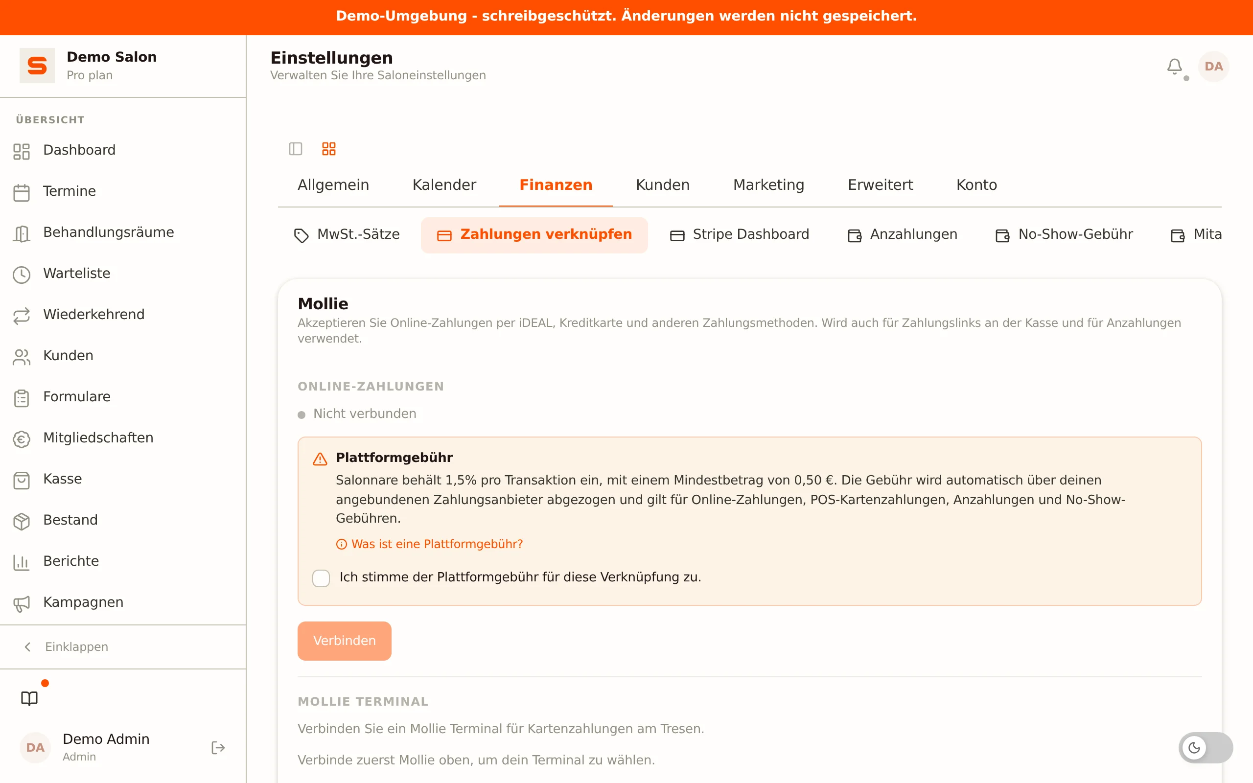 Zahlungsanbindungen in den Einstellungen