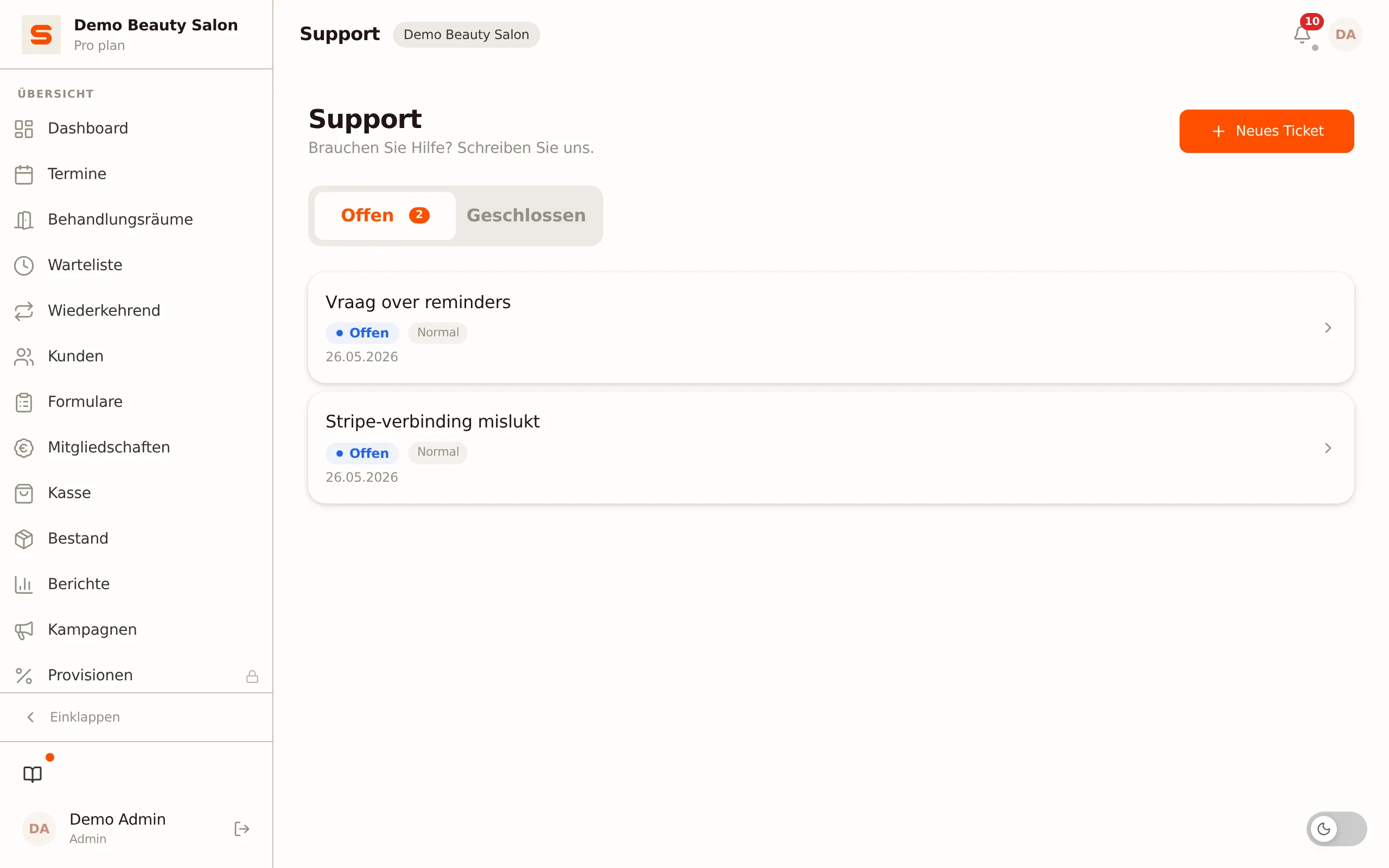Screenshot von Hilfe & Support