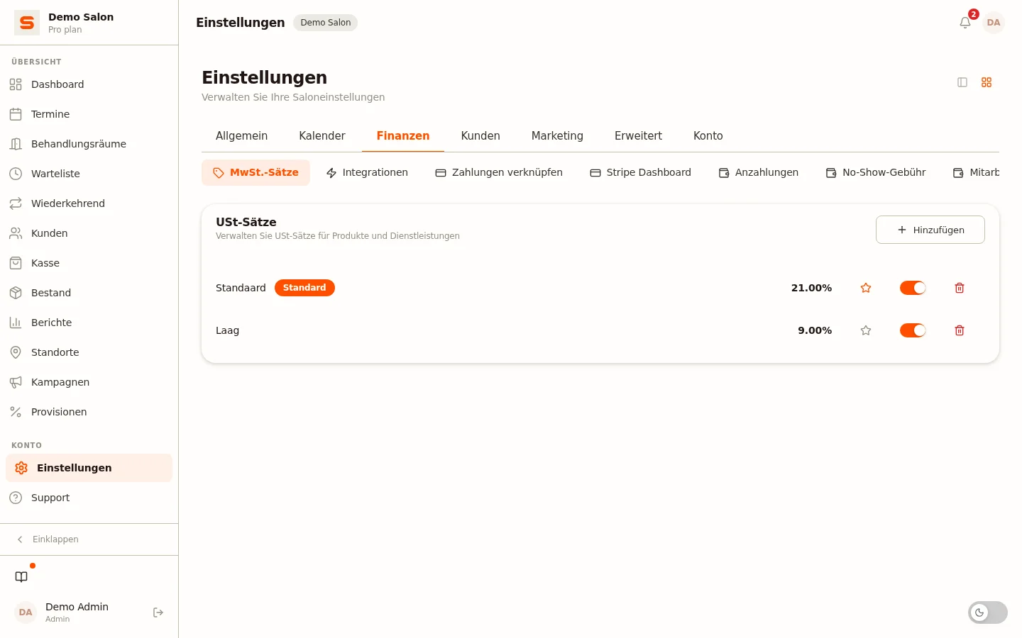 Screenshot von mehrwertsteuersatze einrichten