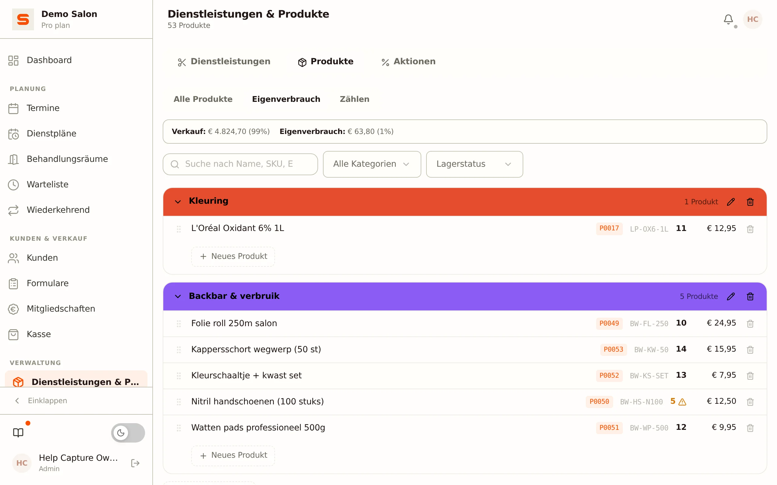 Lagerseite im Reiter Produkte mit der Arbeitsliste Eigenverbrauch