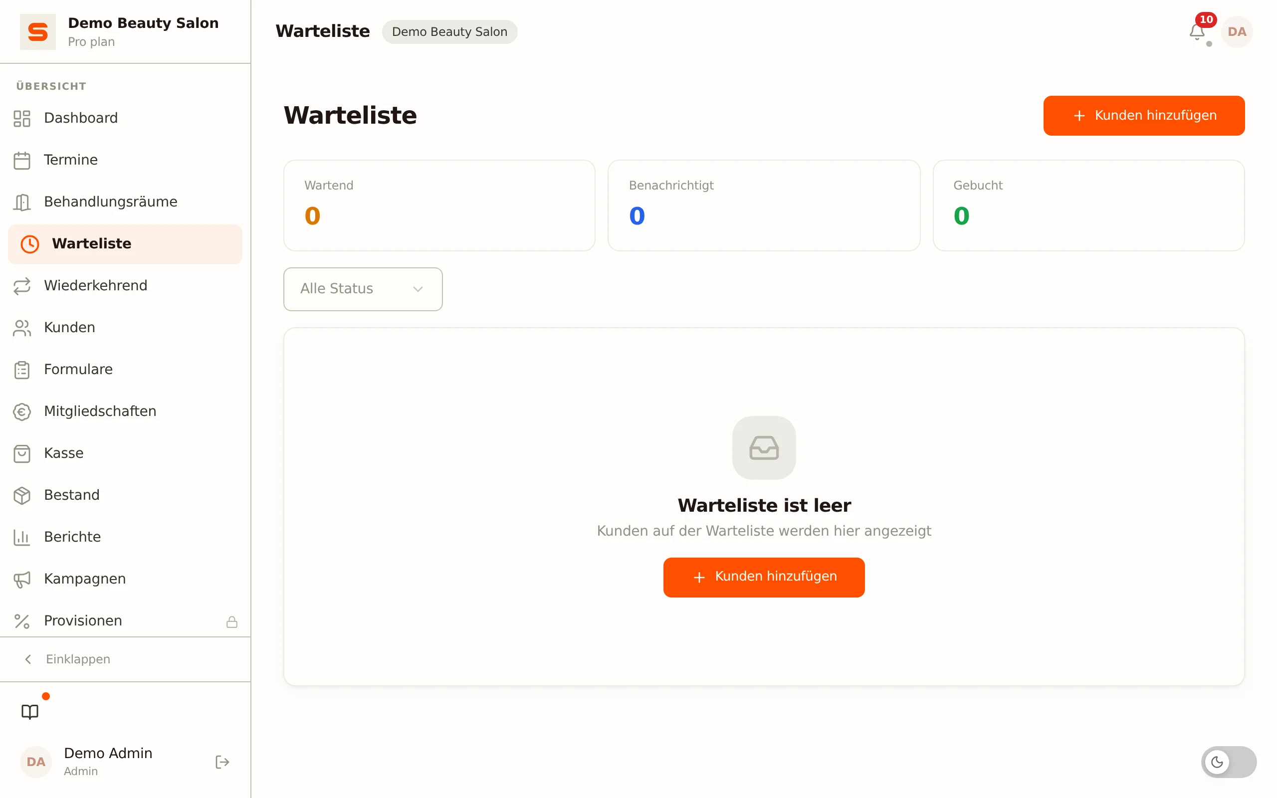Screenshot der Nutzung der Warteliste
