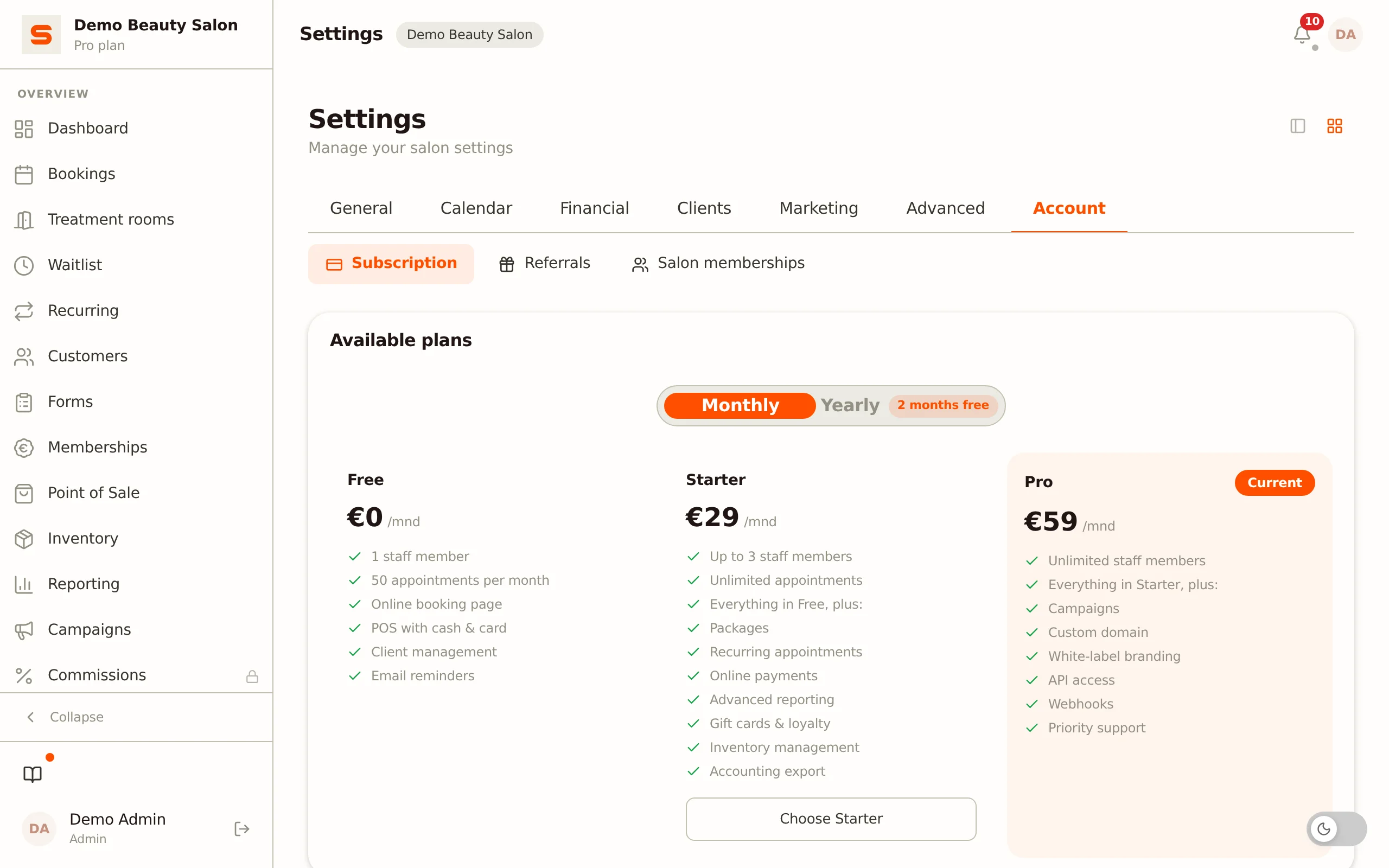 Screenshot of subscription & billing