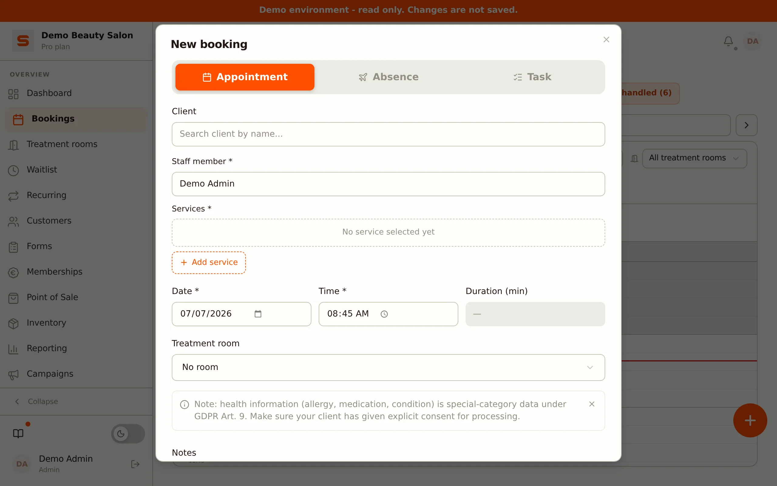Appointment editor with multi-service and date/time