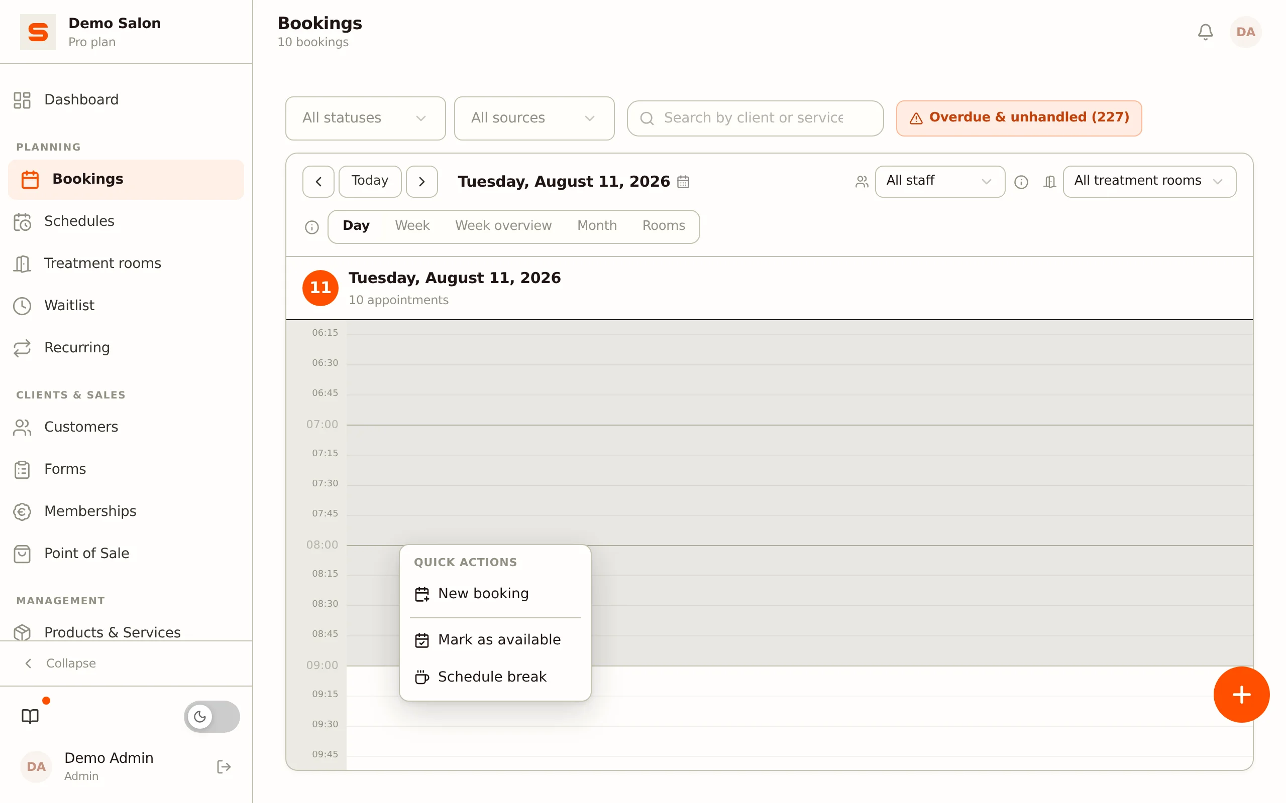 Quick actions menu on right-click of an empty time slot