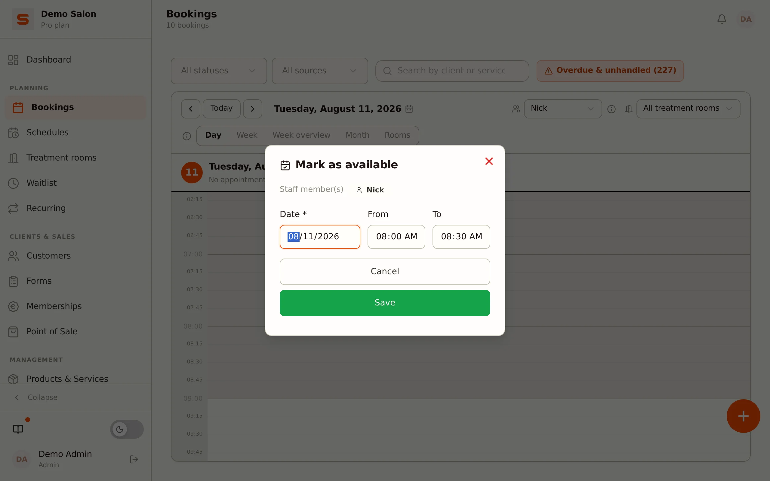 Marking a slot as available with a pre-filled start and end time