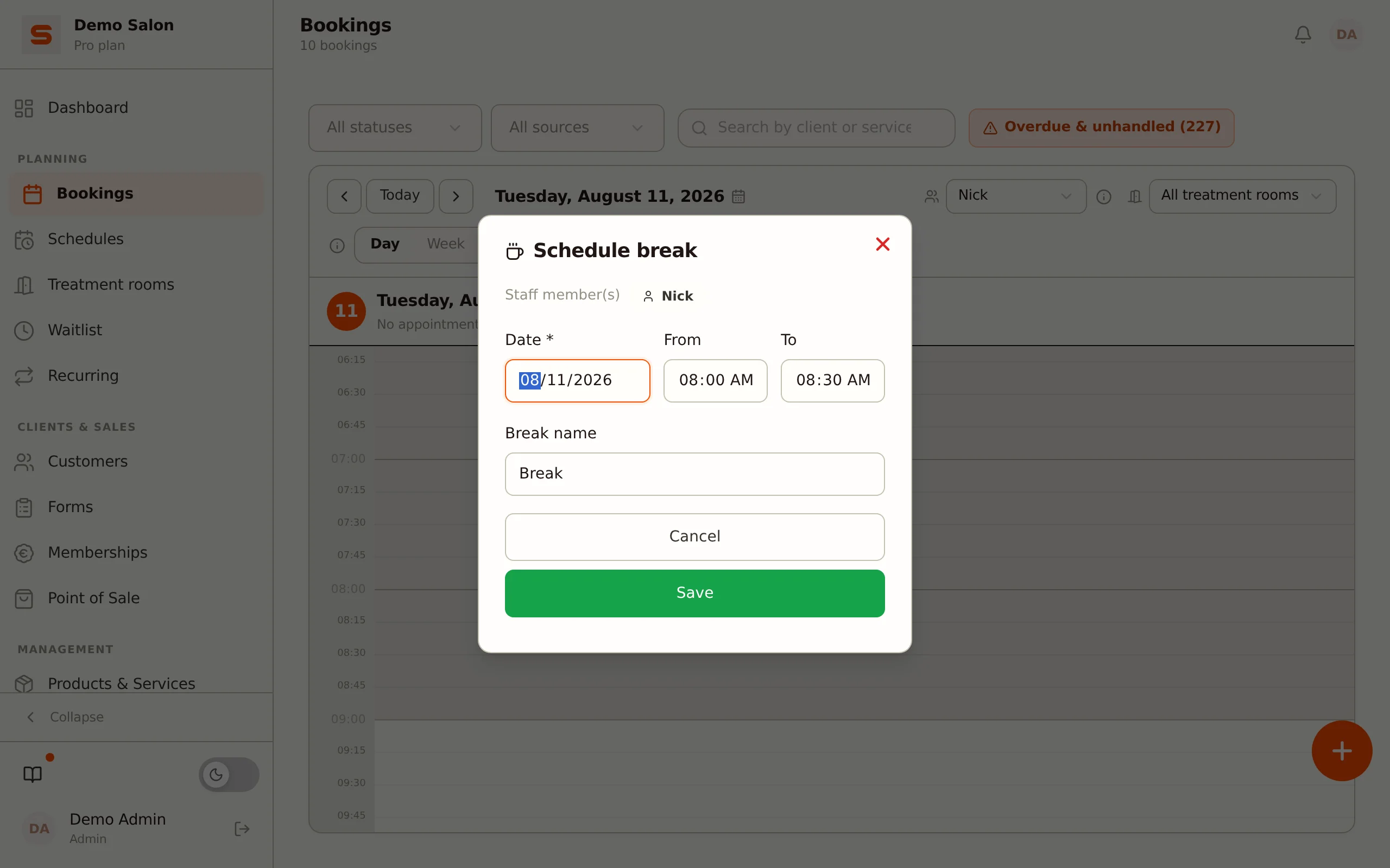 Scheduling a break with a custom name