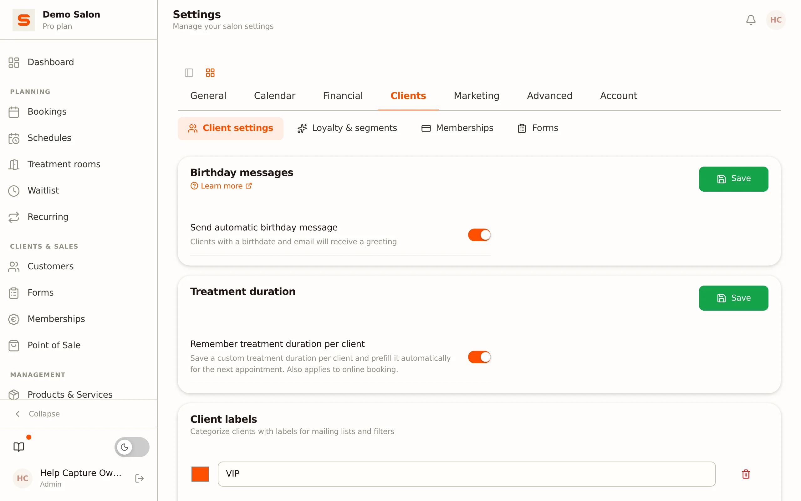 Screenshot of client settings
