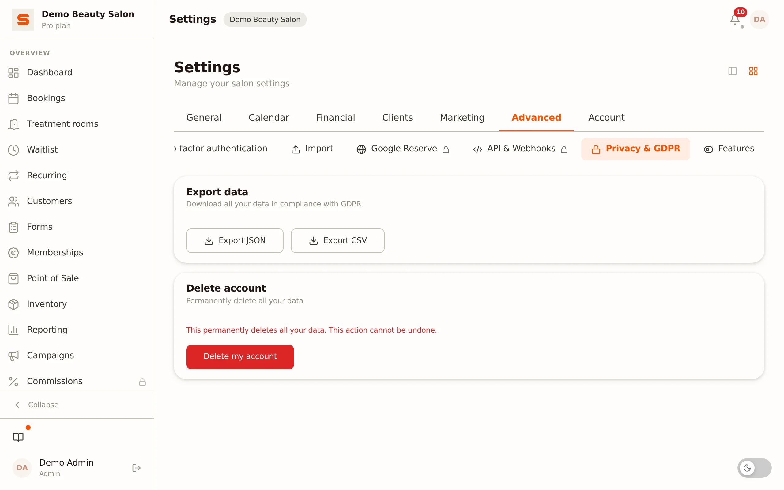 Screenshot of privacy and gdpr