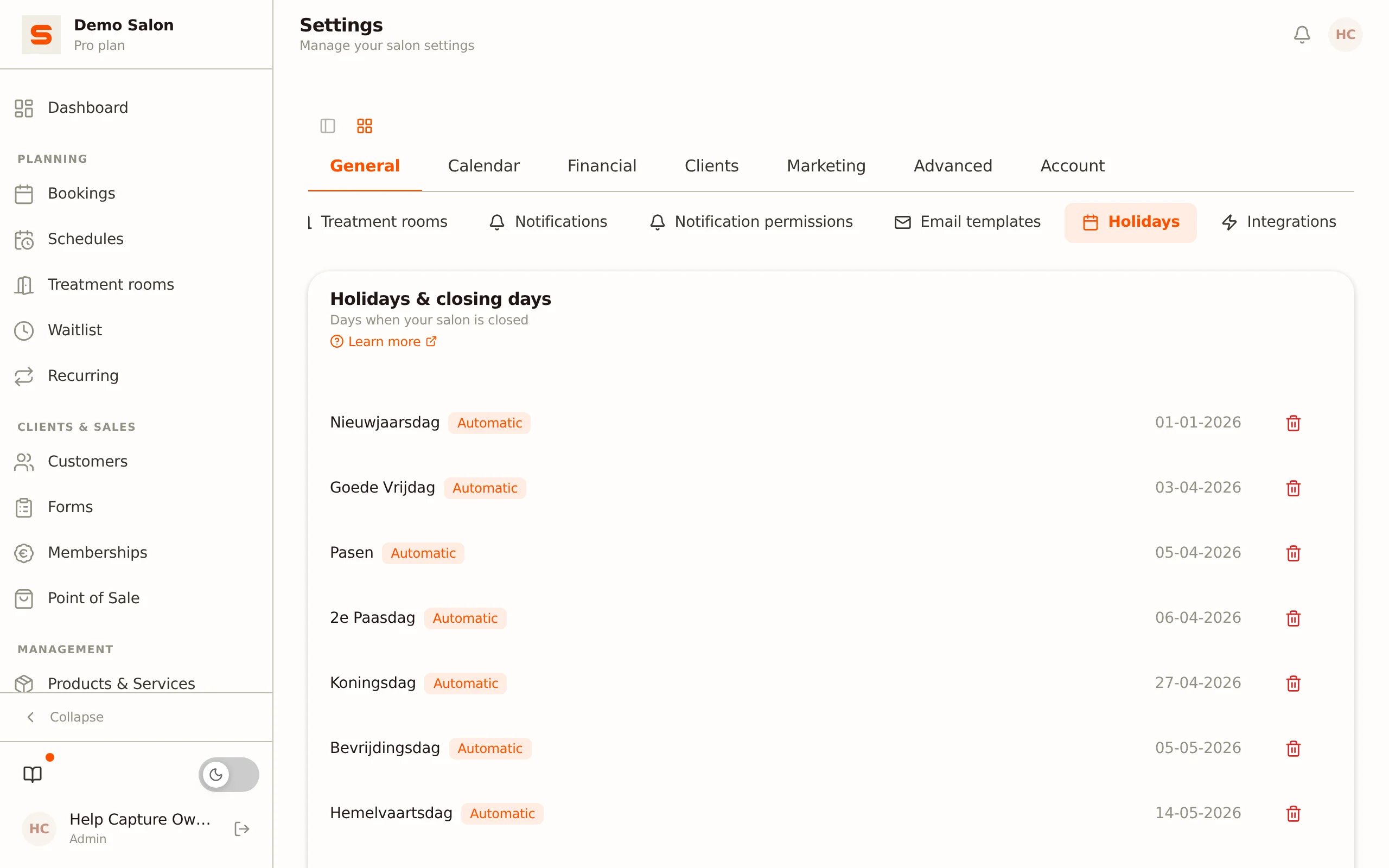 Screenshot of holidays and closed days
