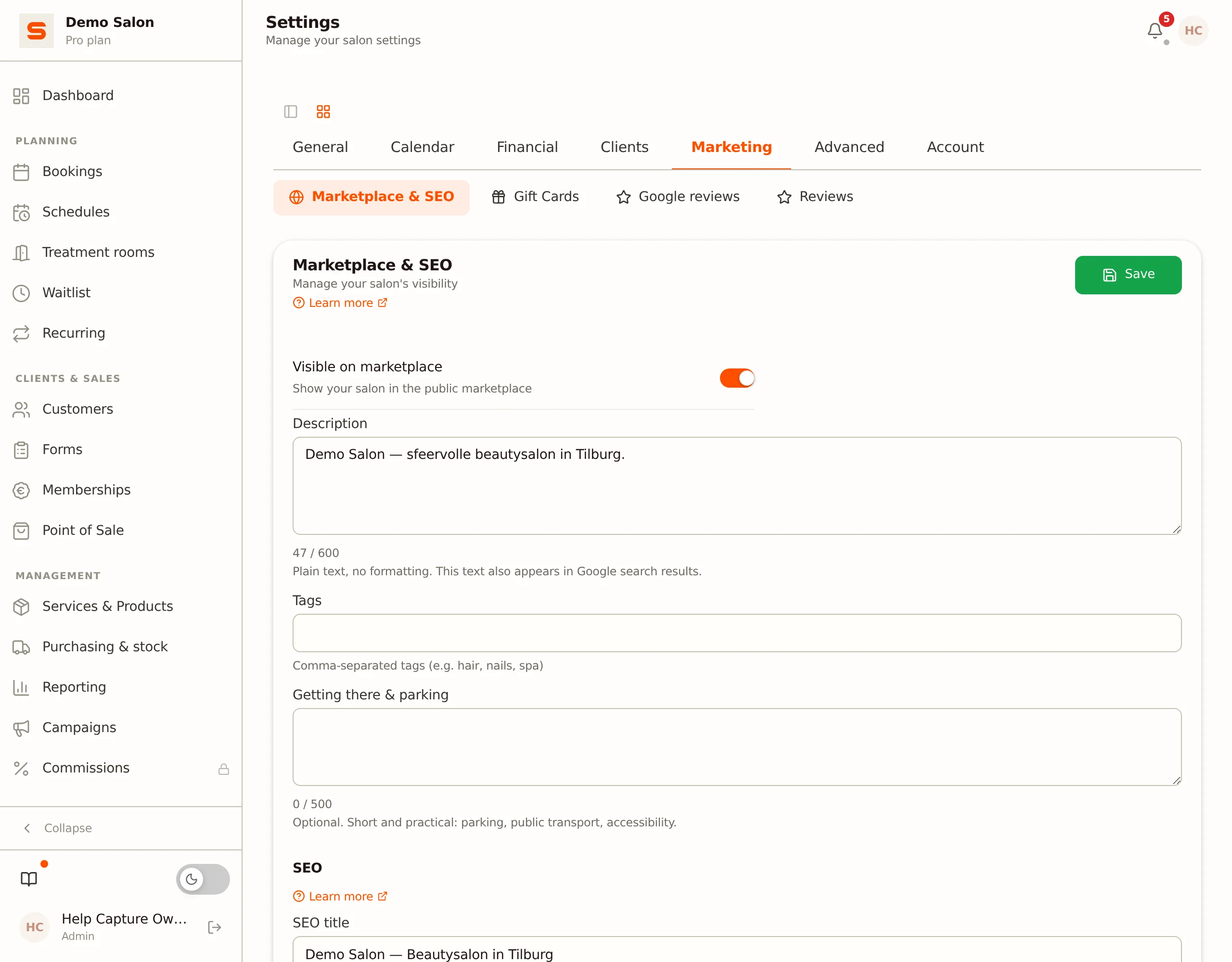 Settings > Marketplace & SEO with the Visible on marketplace switch
