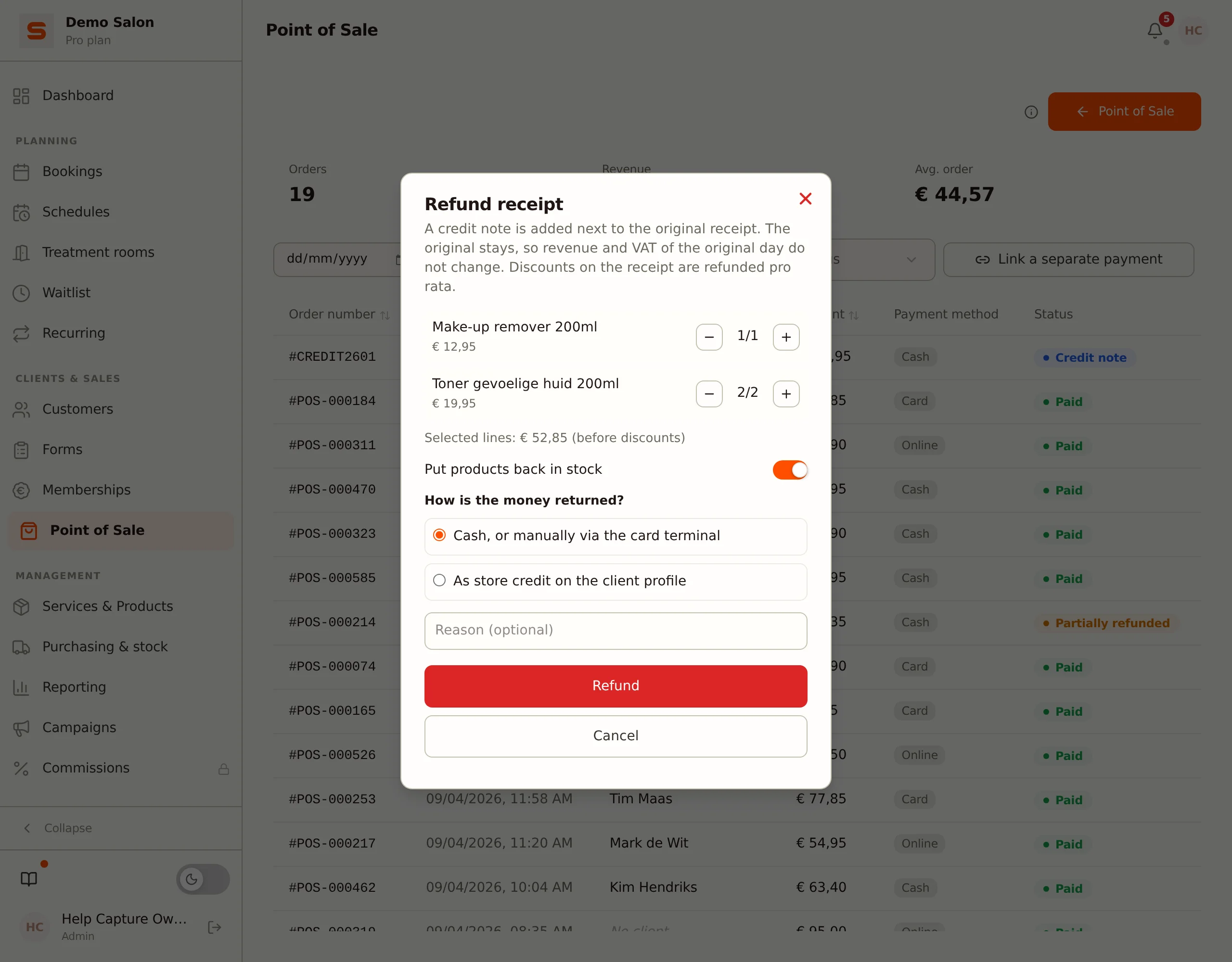 The Refund receipt window with the lines, restock and the choice of how the money is returned