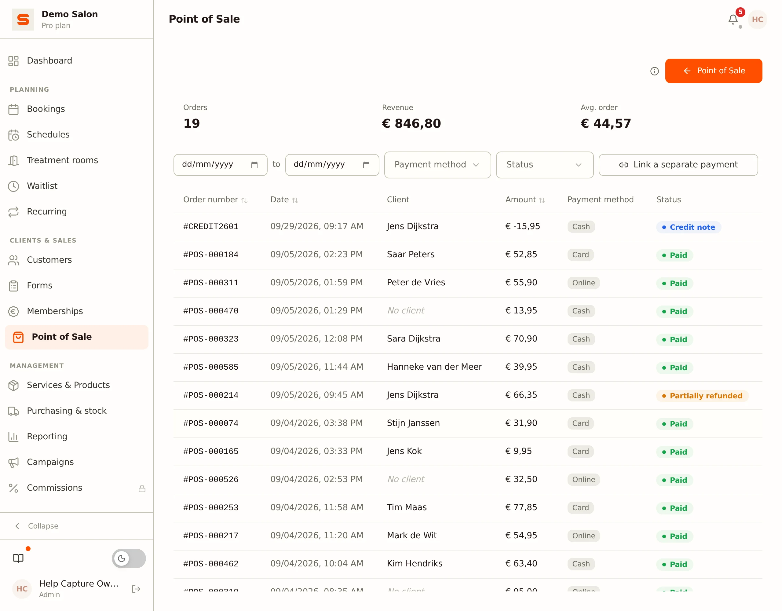 Order history with a credit note and a partially refunded receipt