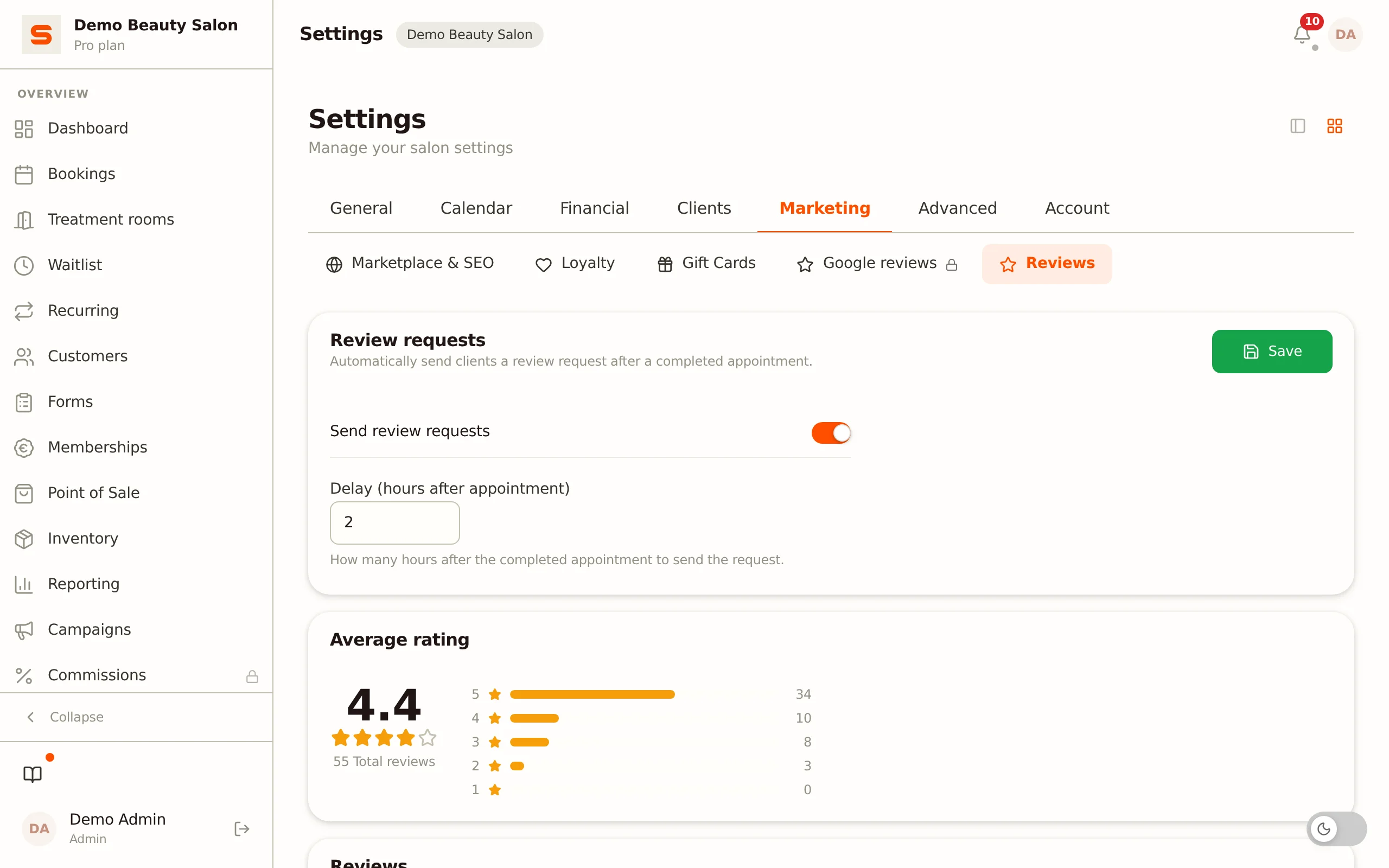 Screenshot of client reviews