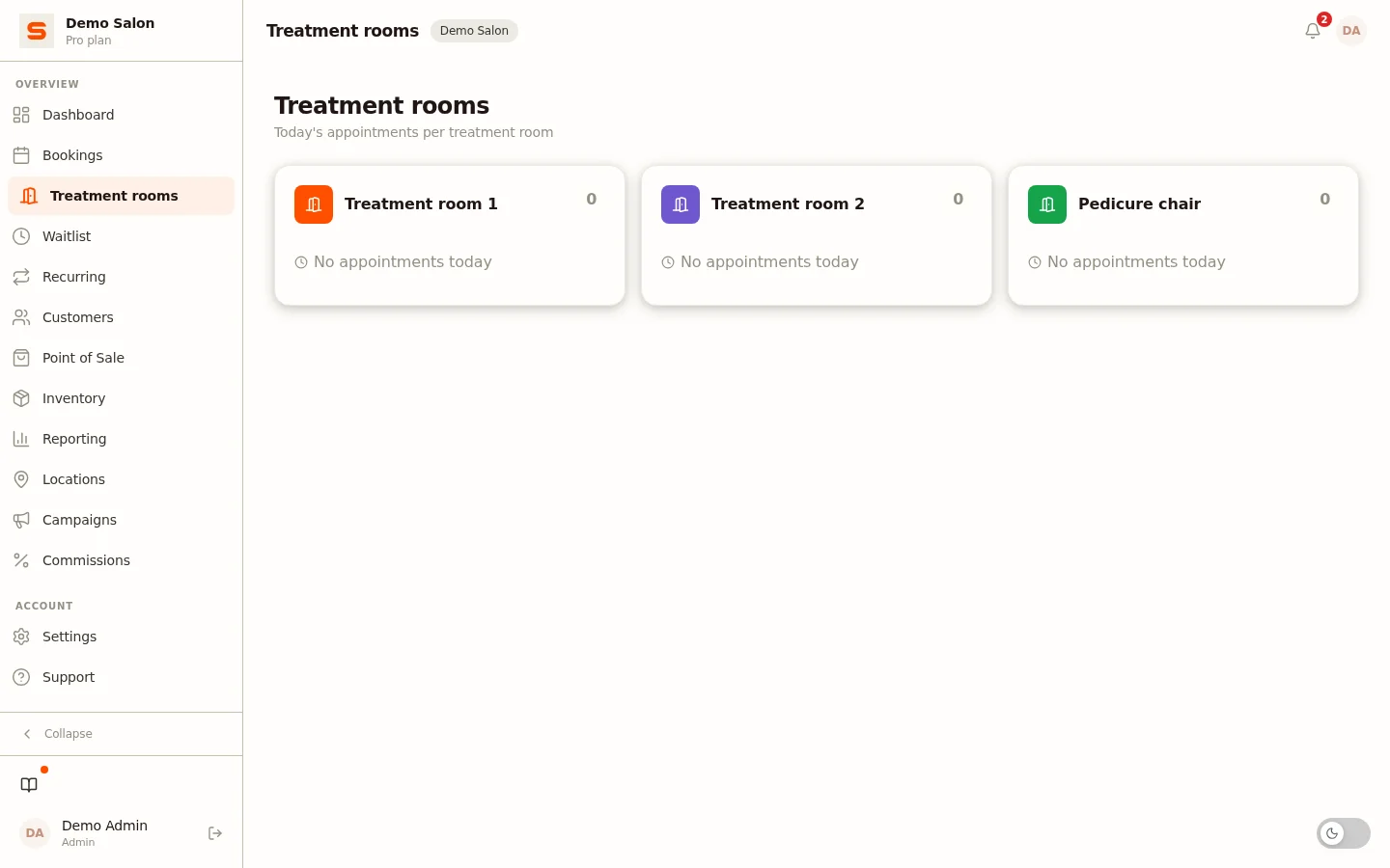 Screenshot of treatment rooms and spaces