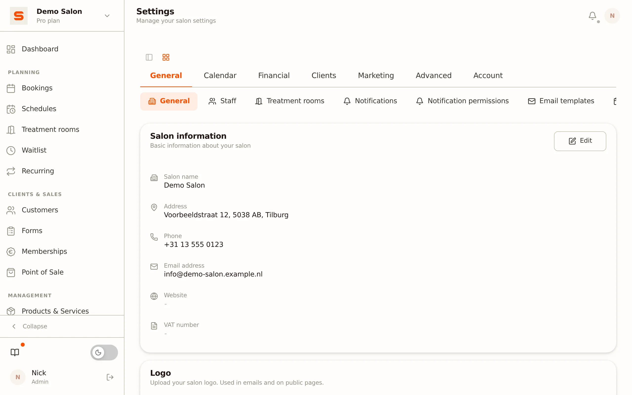The settings screen with its tabs