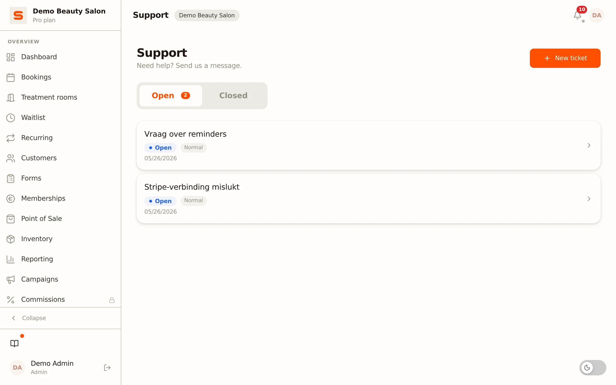 Screenshot of help & support