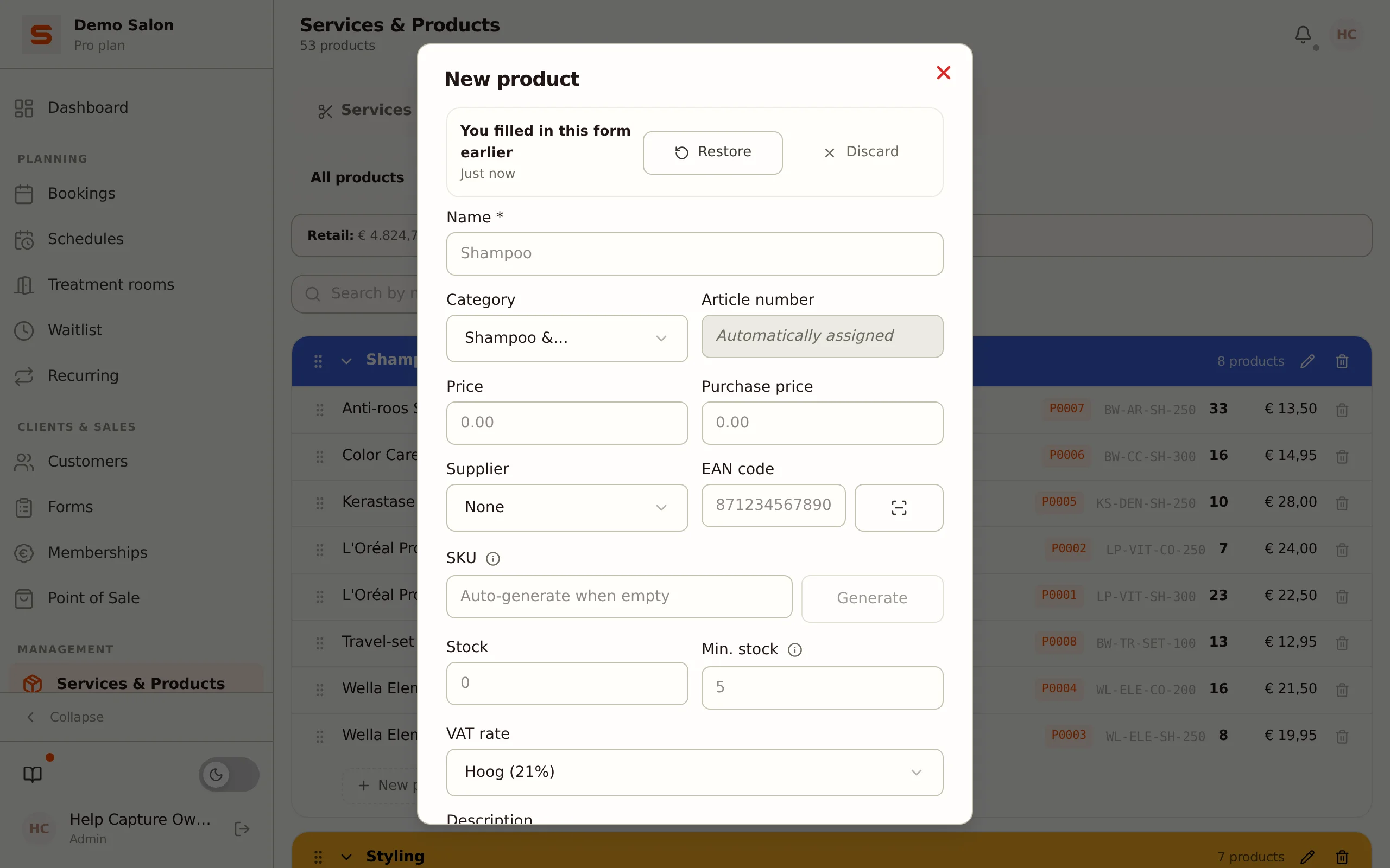 New product form with the bar offering an earlier draft