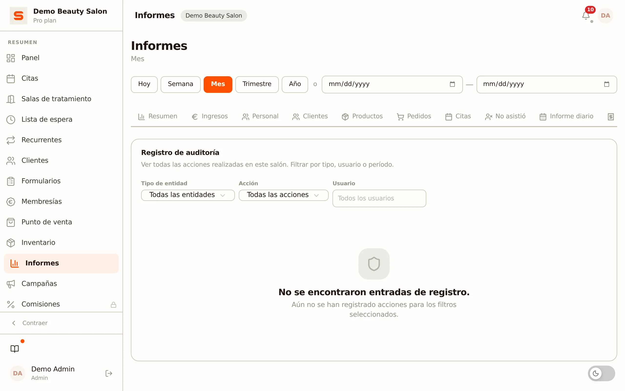 Captura de pantalla del registro de auditoría