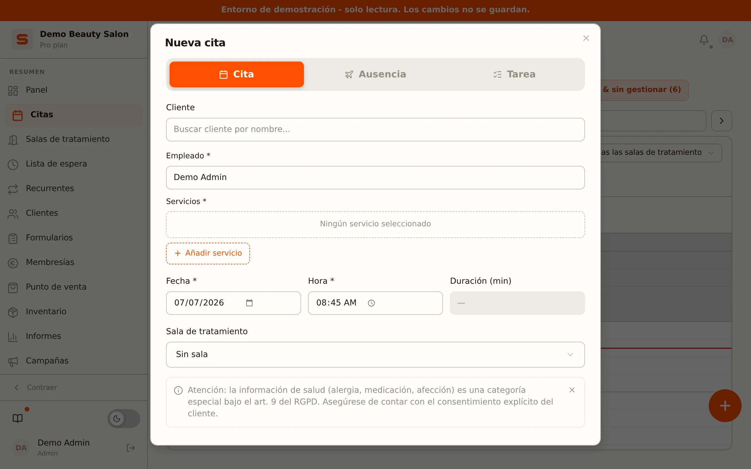 Editor de citas con multiprestacion y fecha/hora