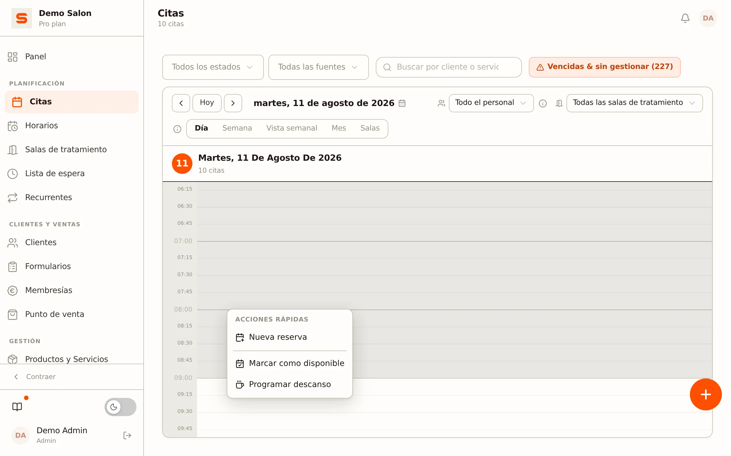 Menú de acciones rápidas al hacer clic derecho en un hueco libre