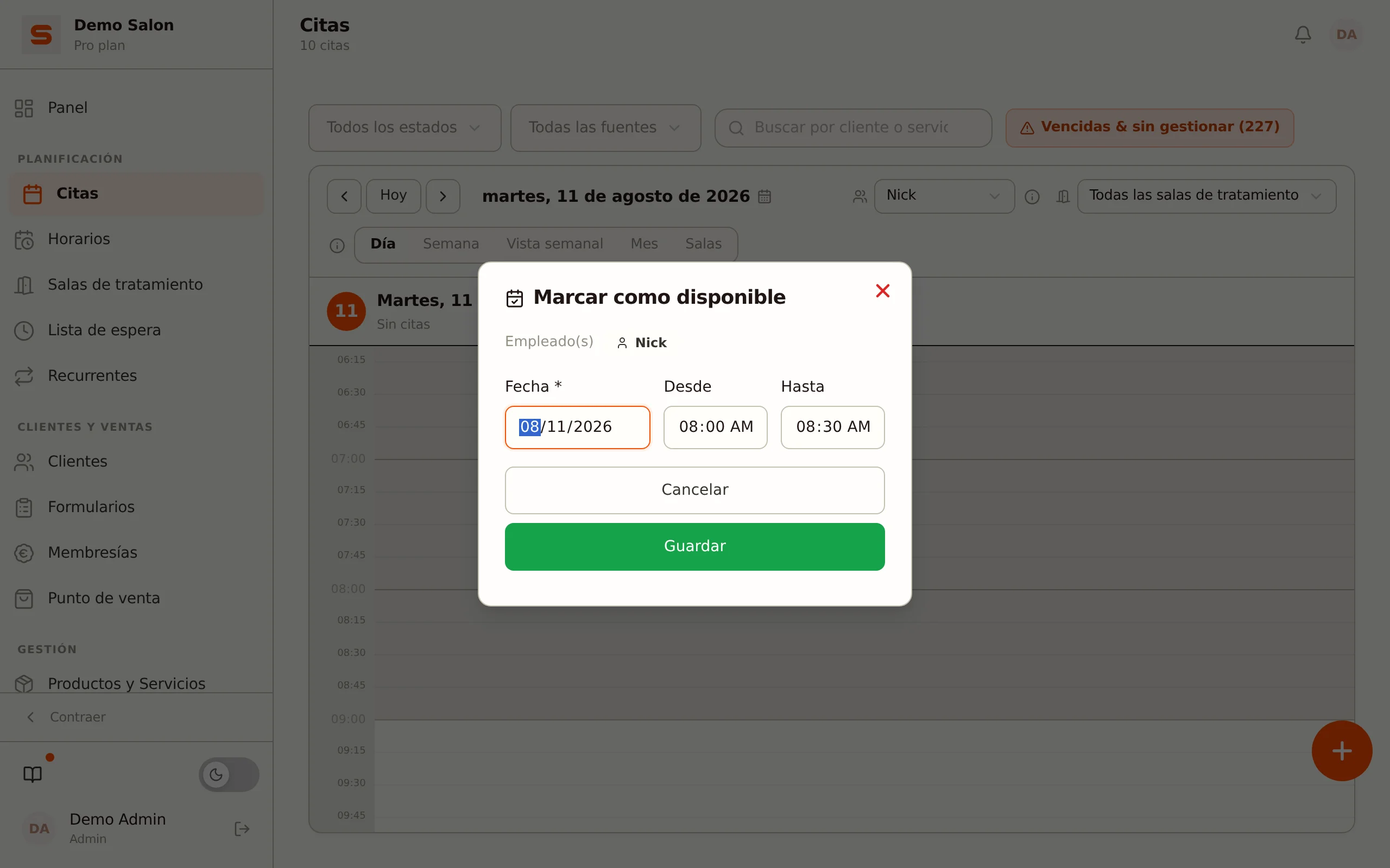 Marcar como disponible con hora de inicio y fin prerrellenadas