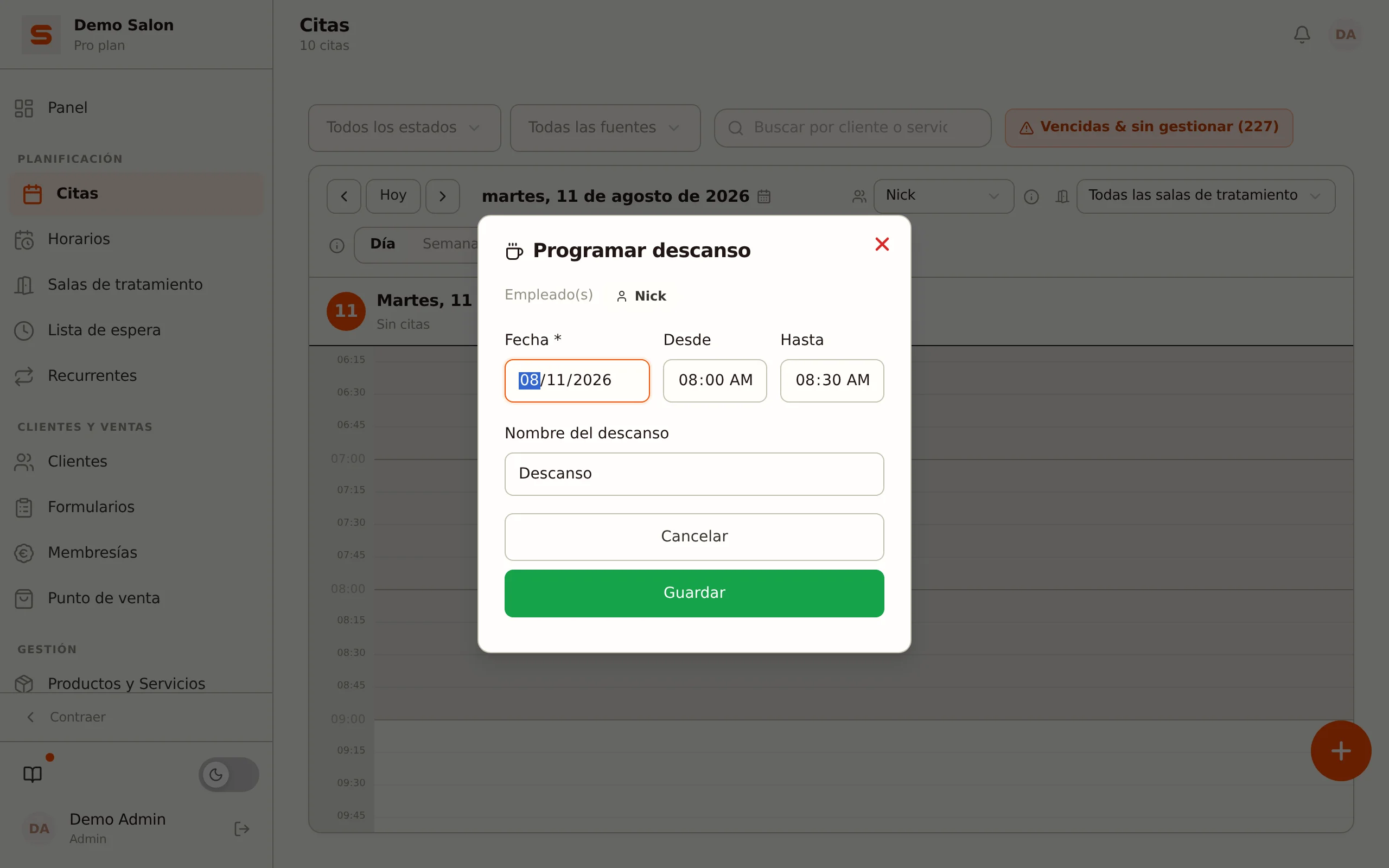 Programar un descanso con un nombre personalizado
