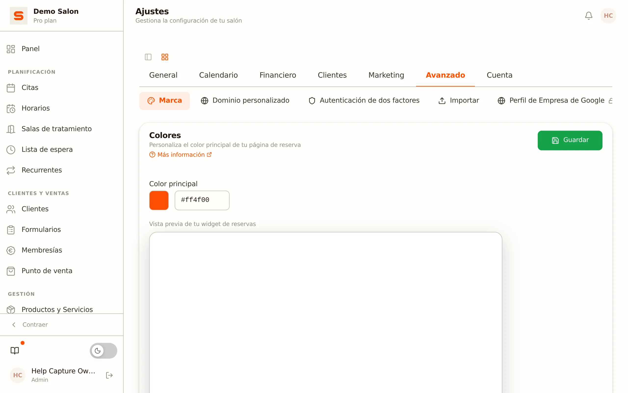 Captura de pantalla de los ajustes de branding
