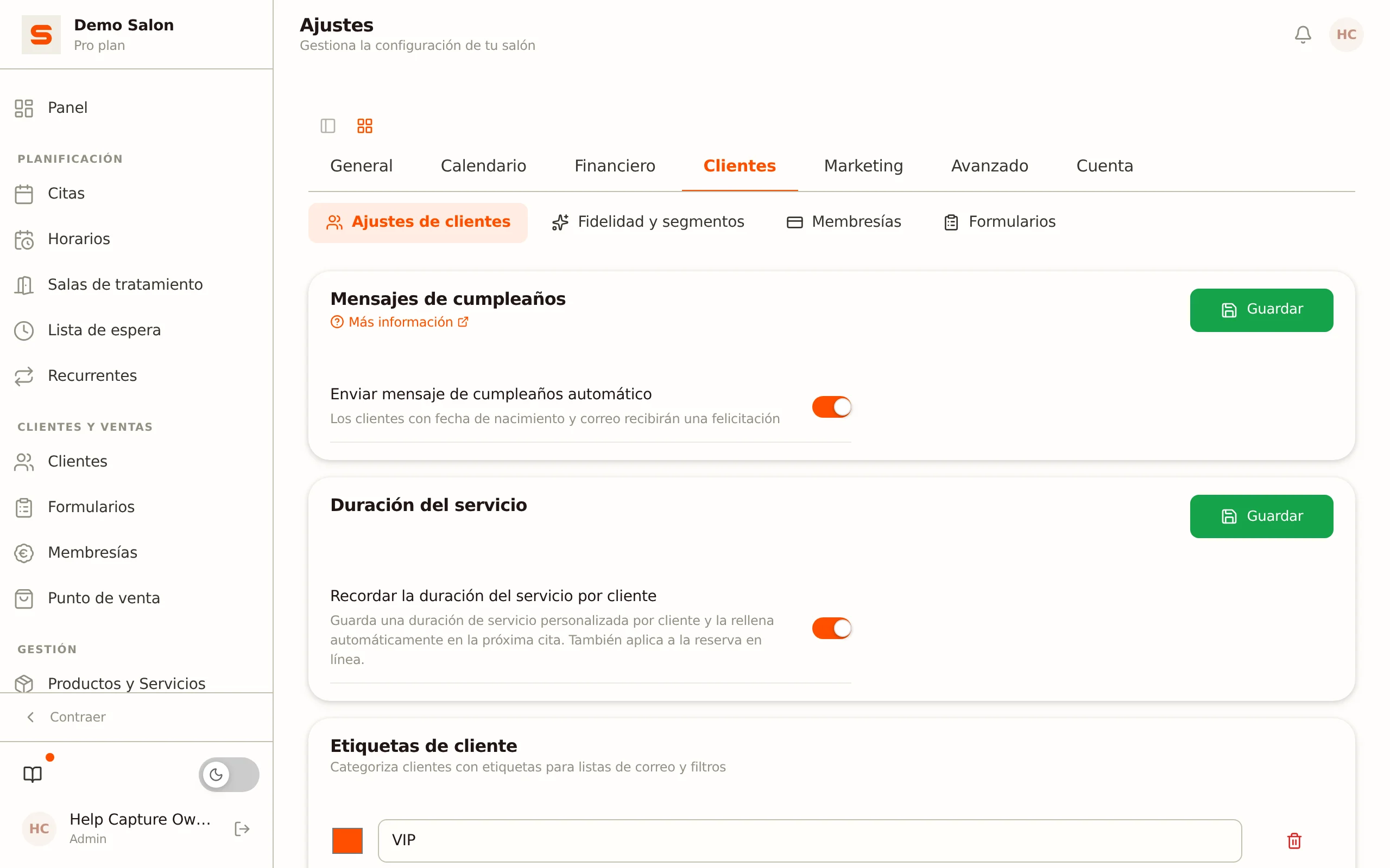 Captura de pantalla de los ajustes de clientes