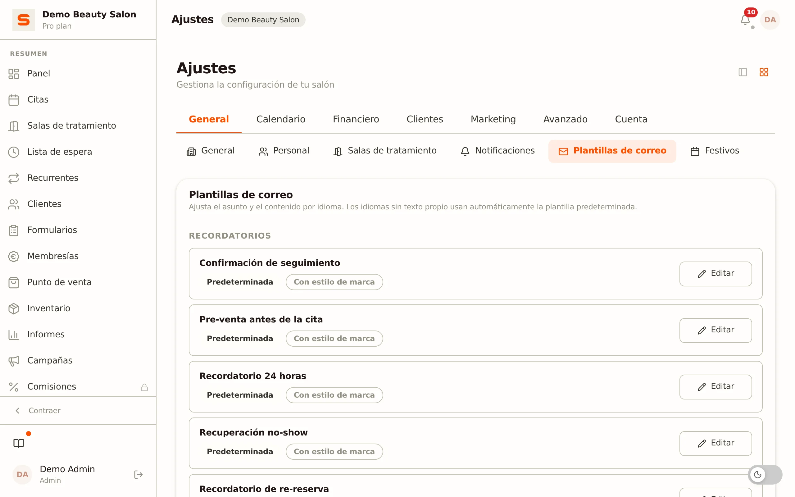 Captura de pantalla de las plantillas de correo