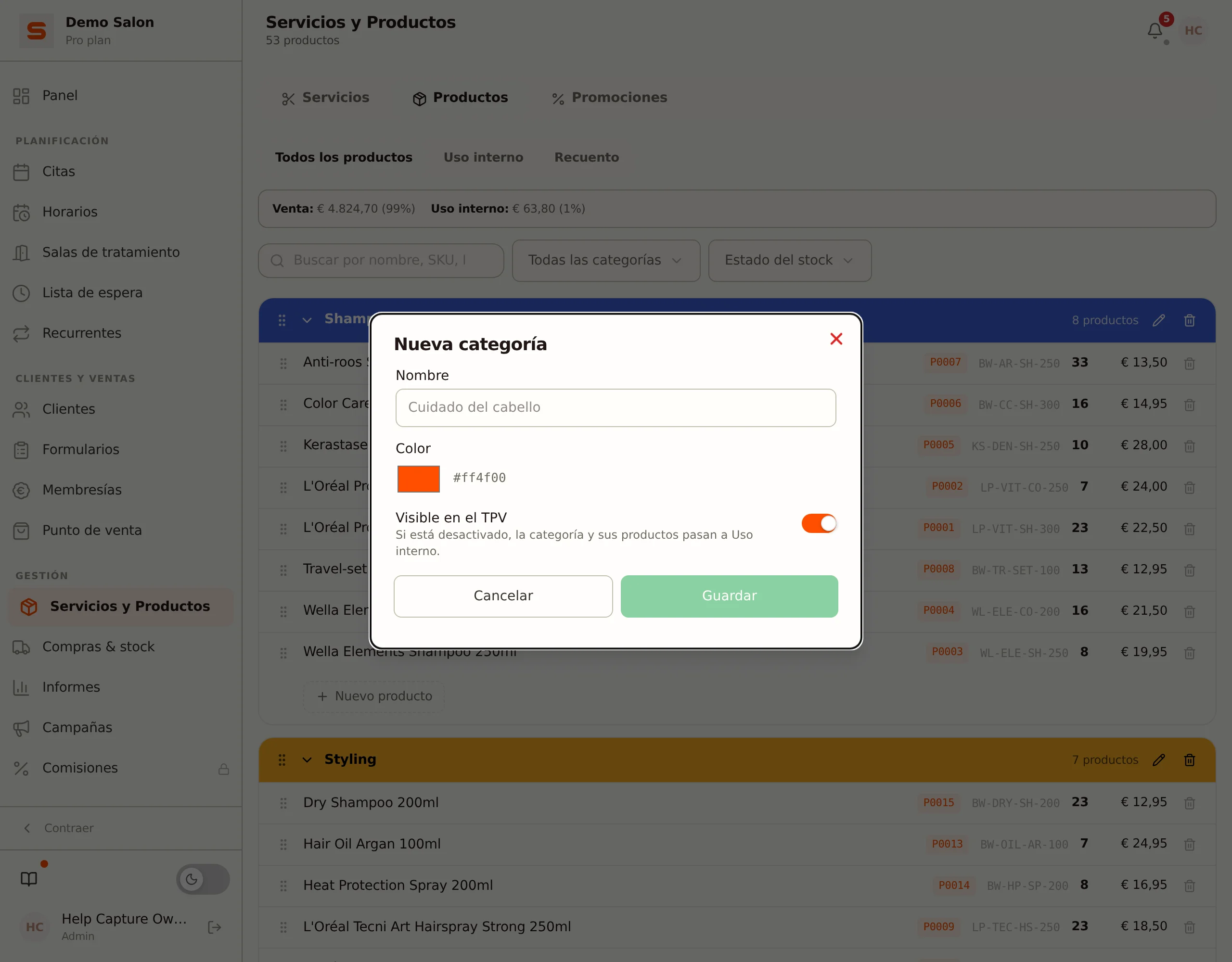Una categoría de productos con el interruptor Visible en el TPV