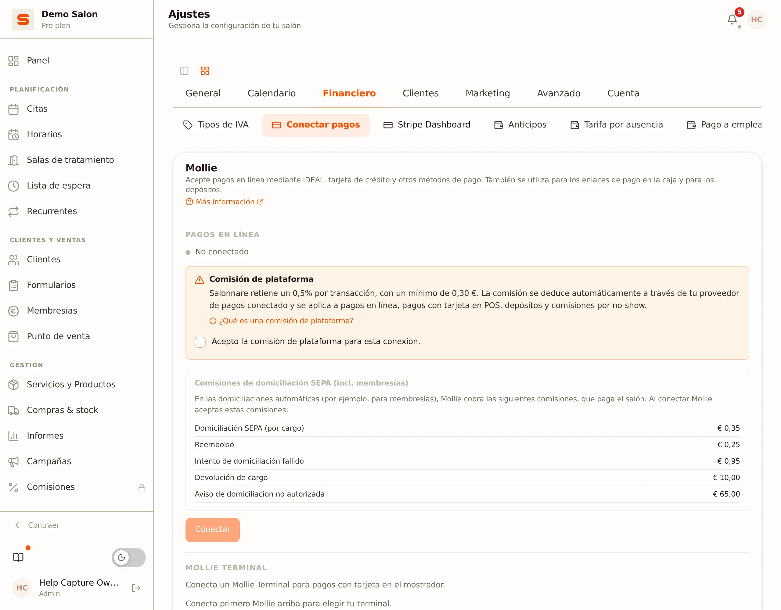 La tarjeta Mollie en Conectar pagos