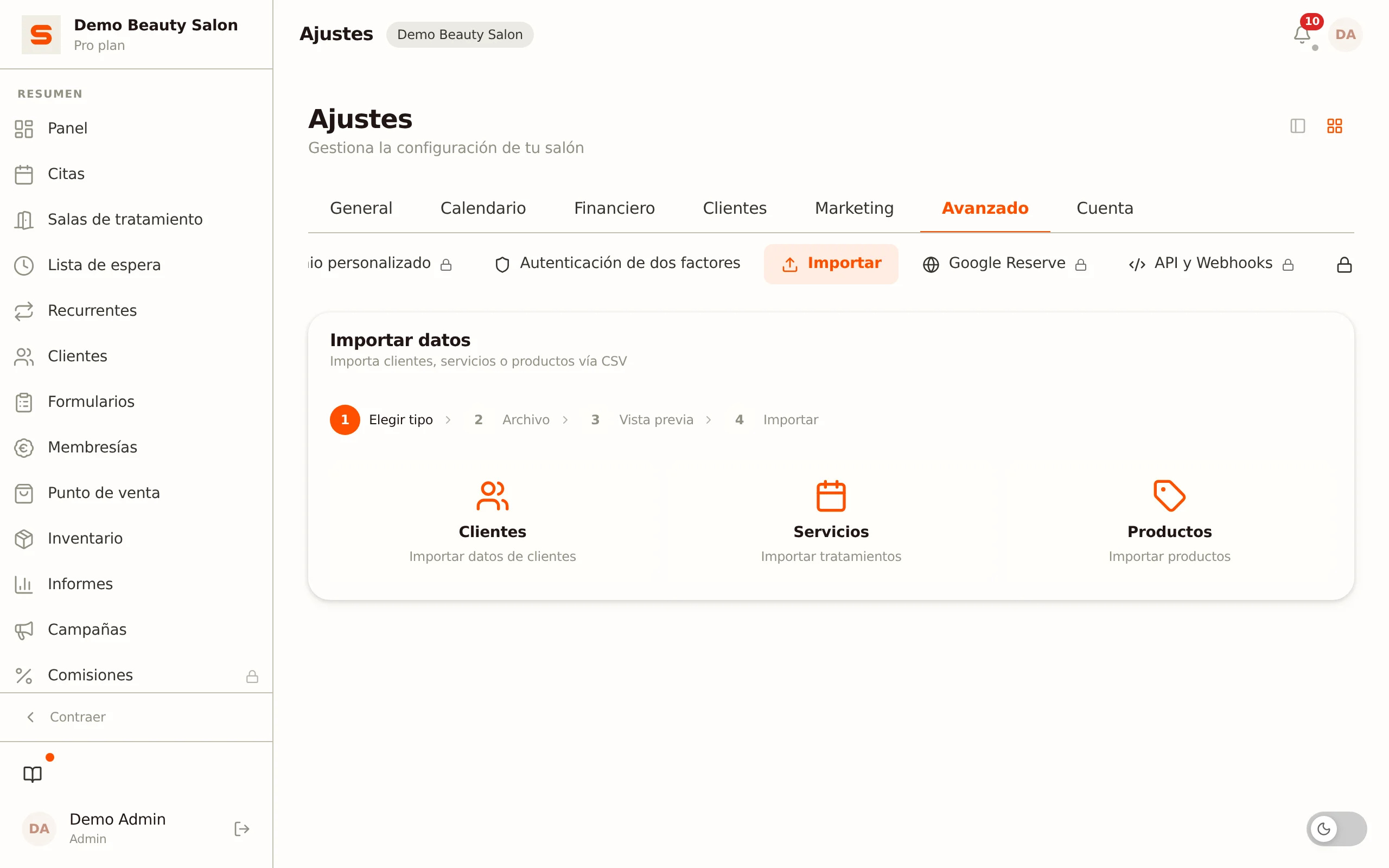 Captura de pantalla de importar datos