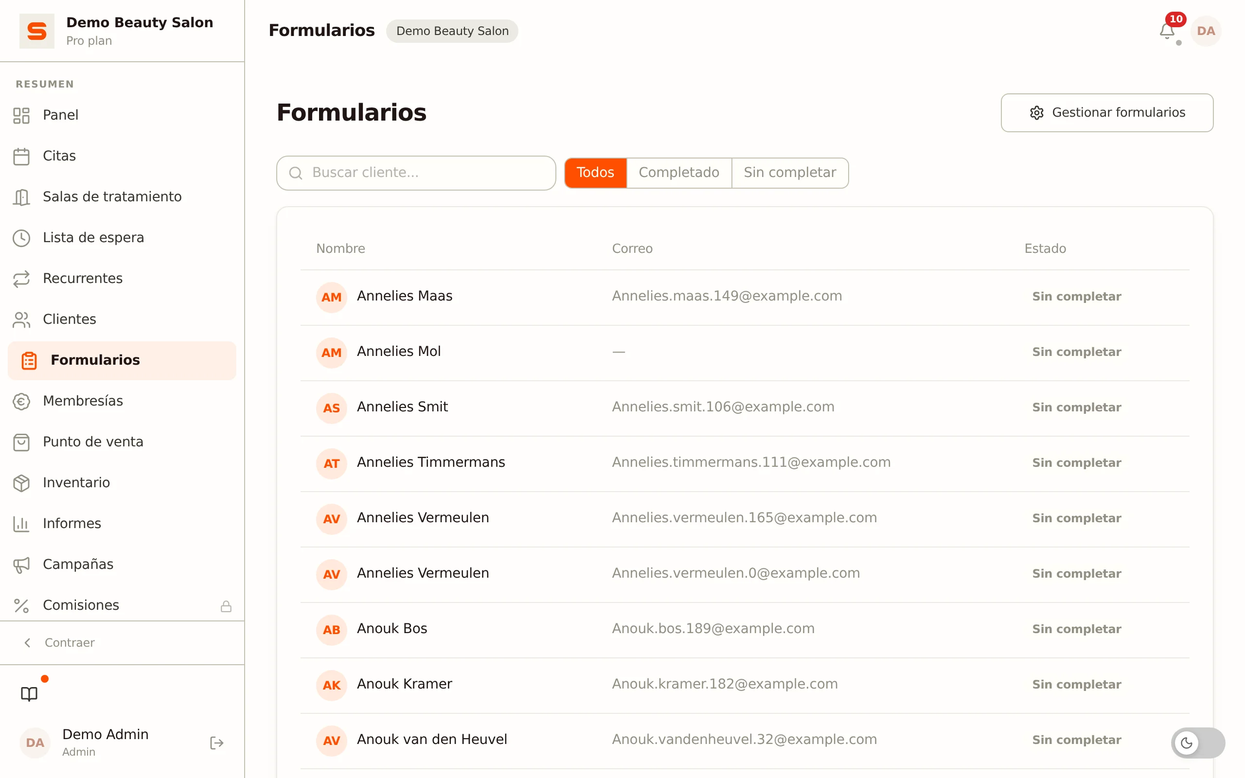 Captura de pantalla de la página Formularios