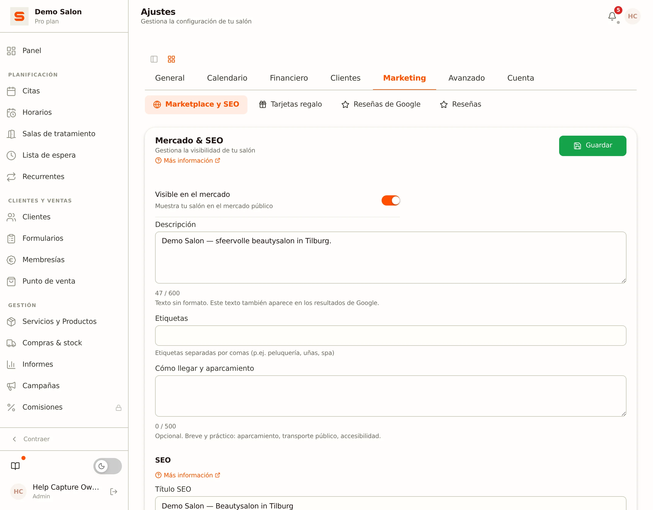 Ajustes > Marketplace y SEO con el interruptor Visible en el mercado