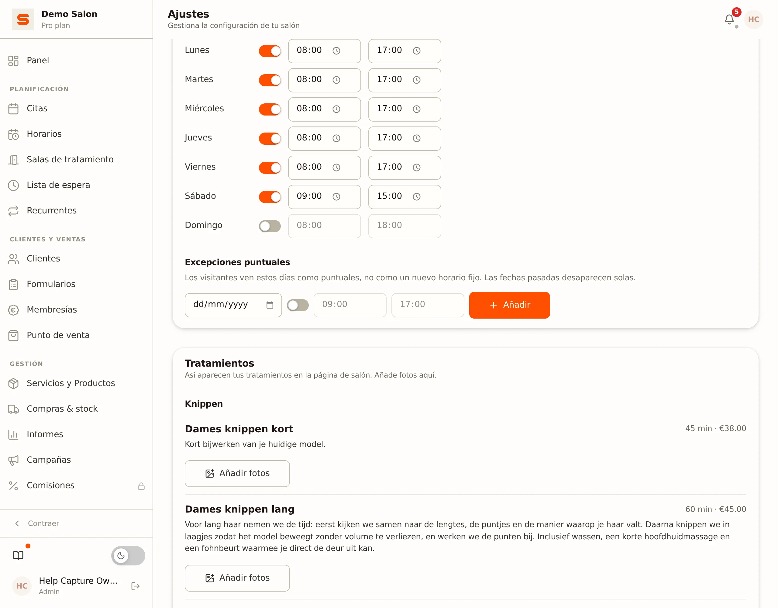 El panel de horario con las excepciones puntuales