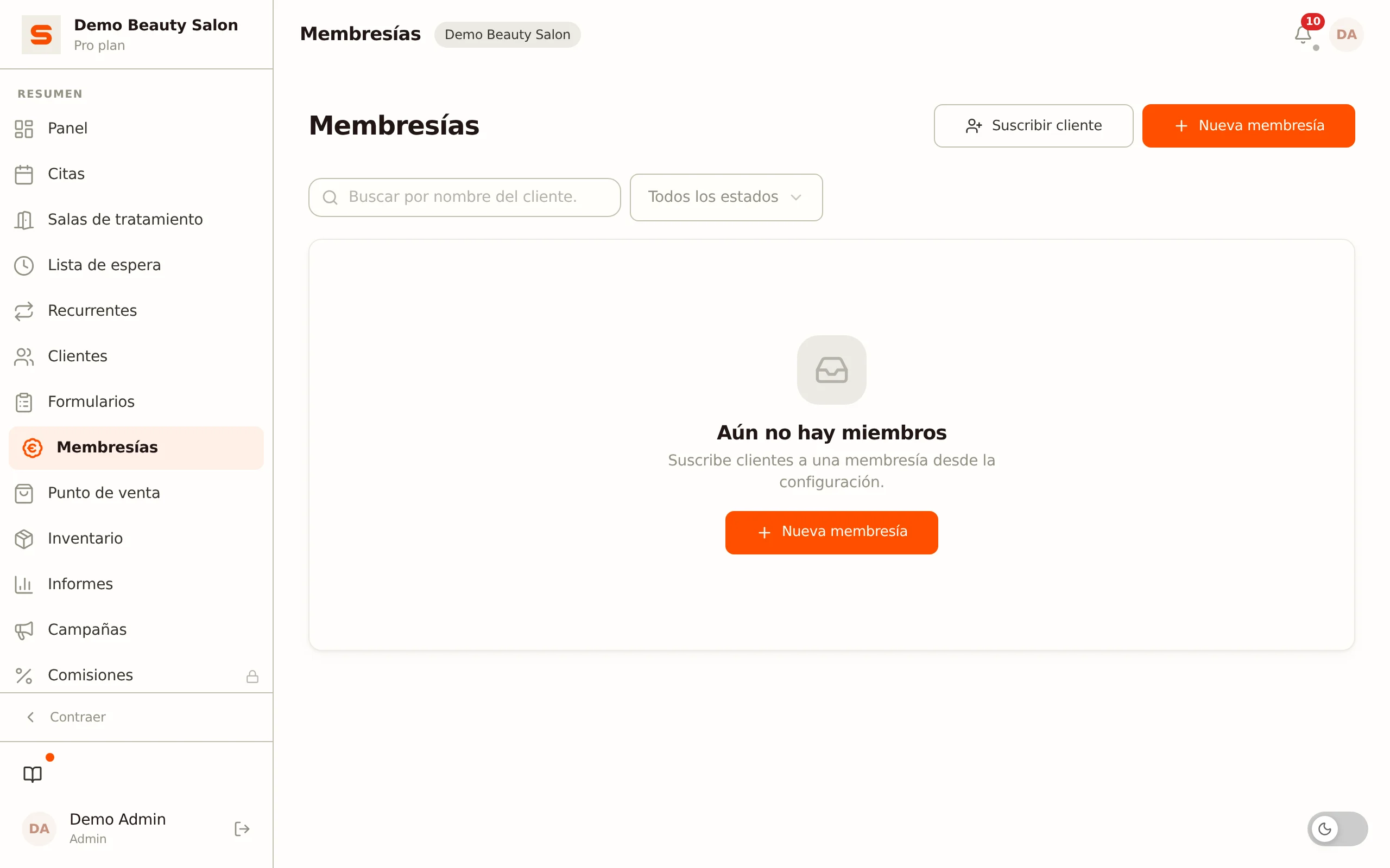 Captura de pantalla de la página Membresías