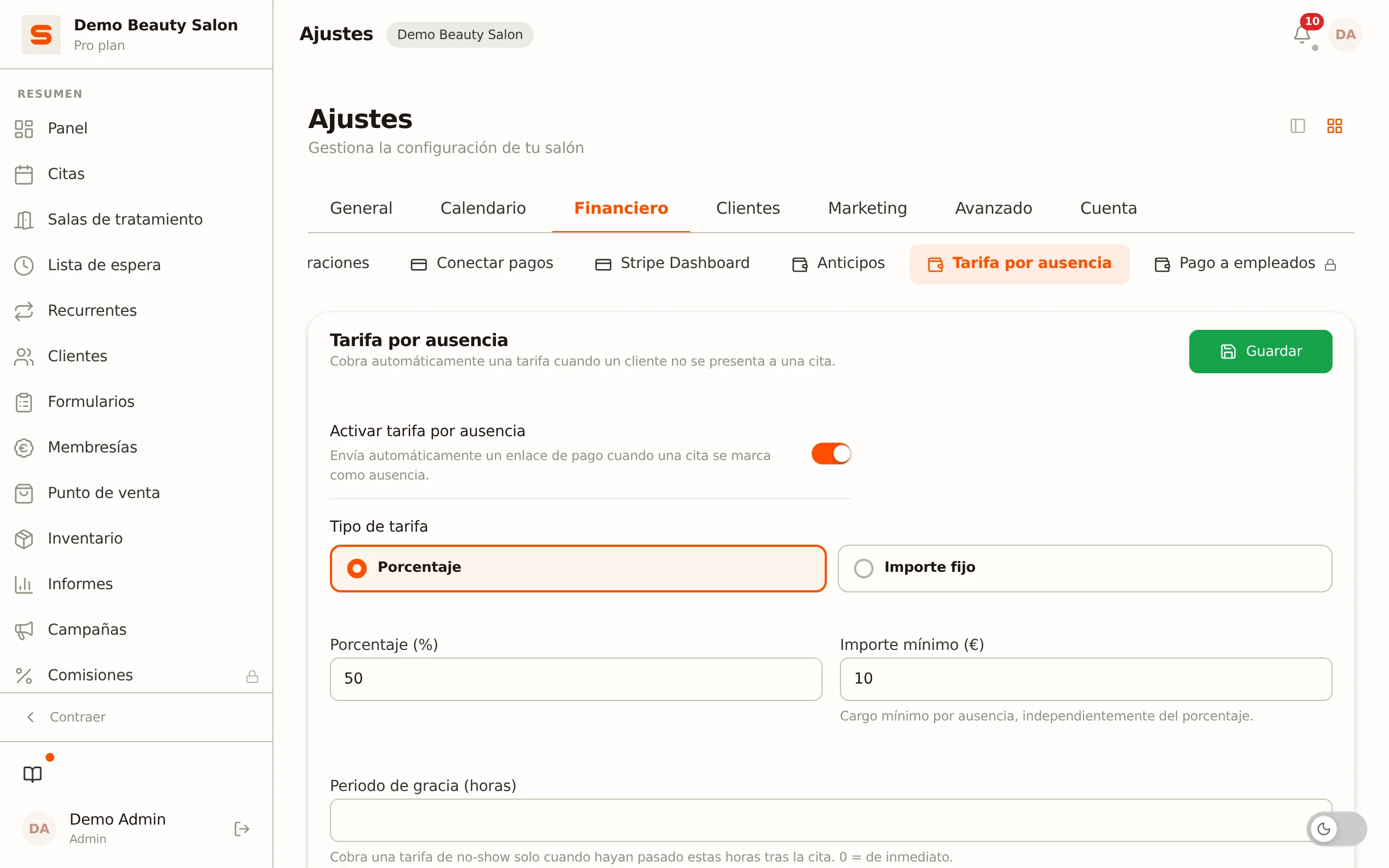 Captura de pantalla de la configuración de la tarifa por inasistencia