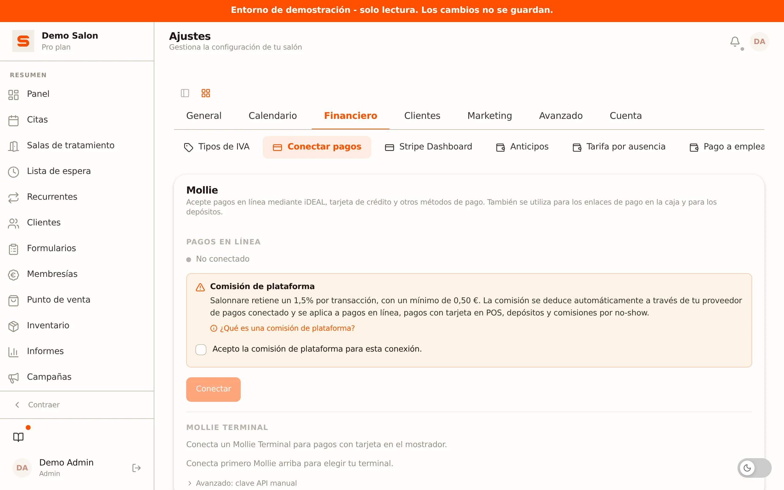Conexiones de pago en Ajustes