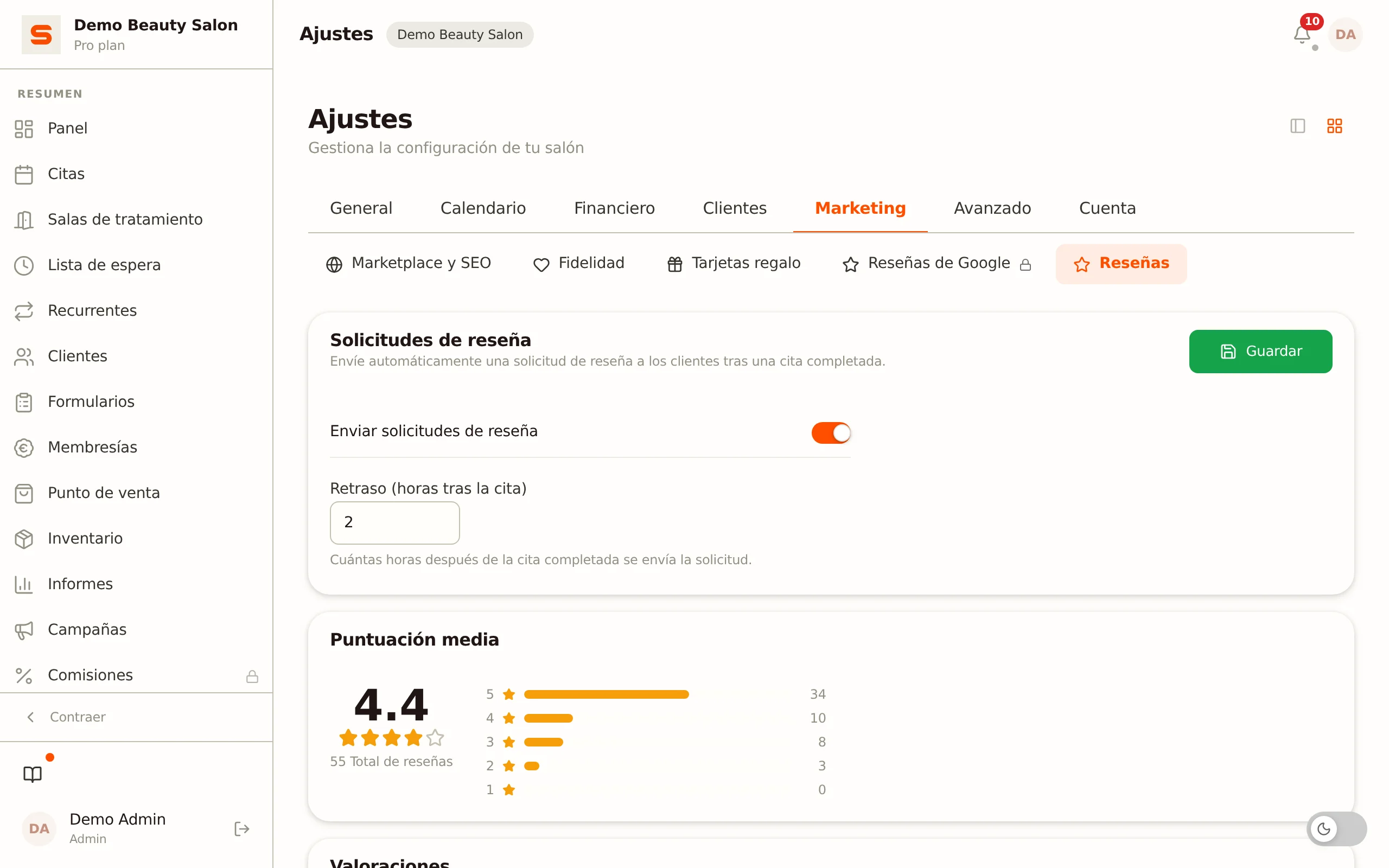 Captura de pantalla de reseñas de clientes